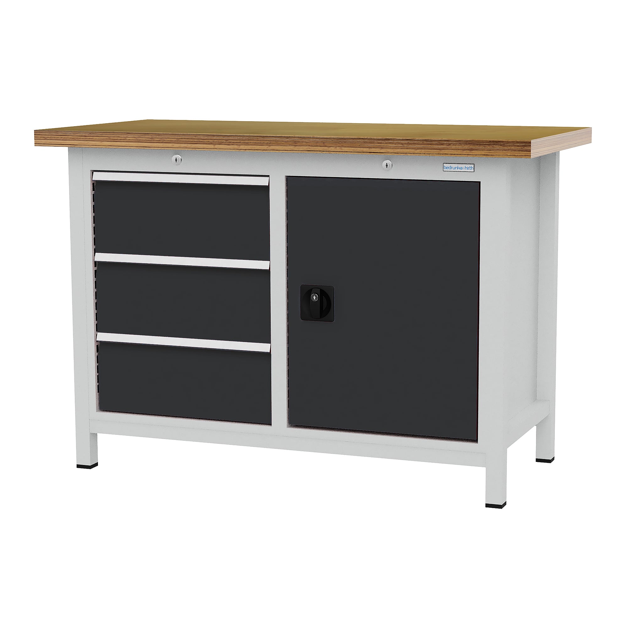 Cabinet workbench 1250 x 600 mm, 3 drawers 50 kg, hinged door, R 18-16 - Bedrunka+Hirth 03T512H60550A