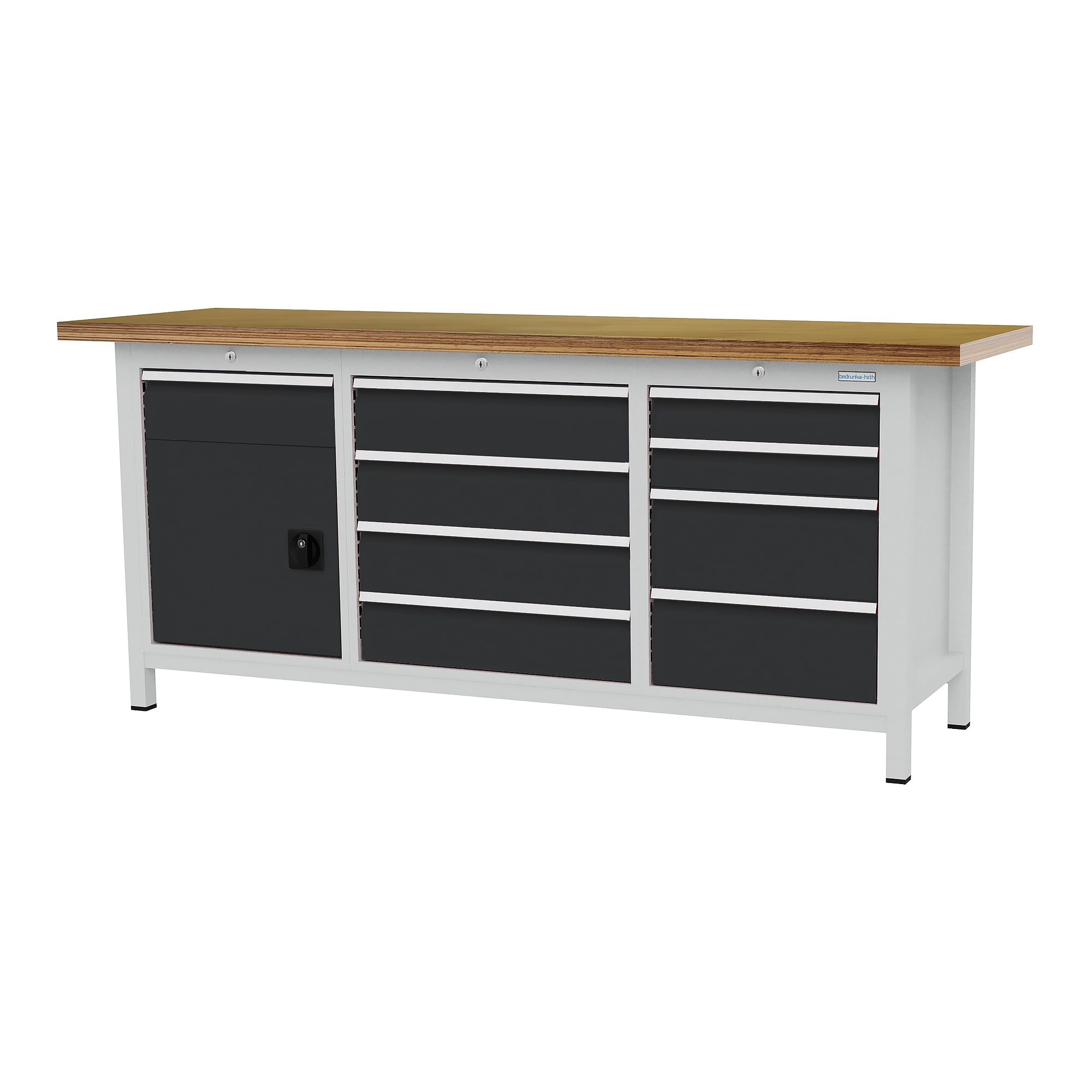 Cabinet workbench 2000 x 600 mm, 9 drawers, door, 50 kg per drawer - Bedrunka+Hirth 03T520H60350A