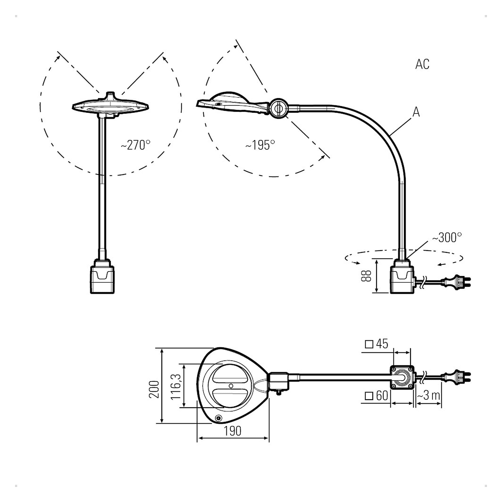 Lampe-loupe CENALED LENS bras flexible 500mm 9W Ø116mm AC, IP54 - LED2WORK 121110-11