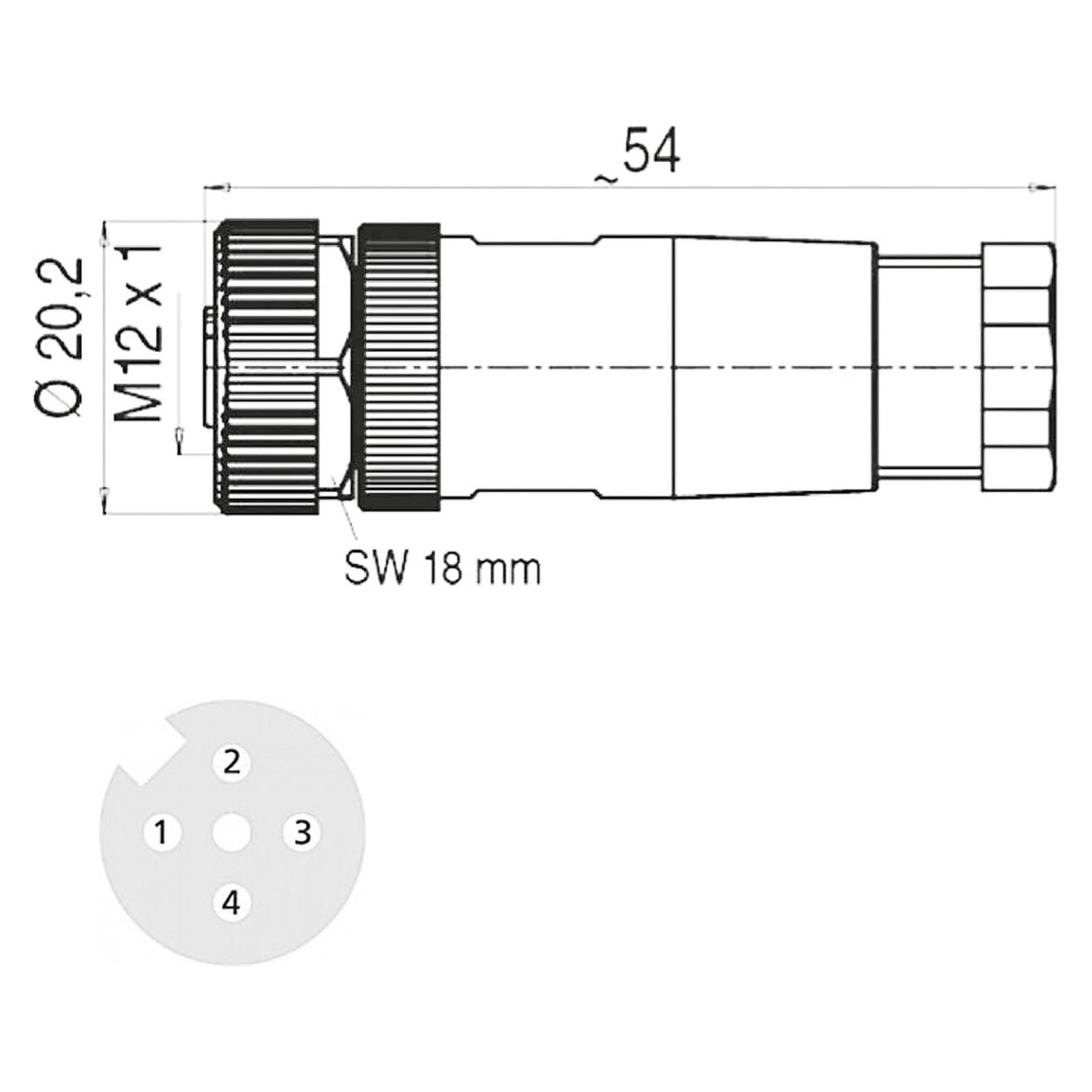 M12 Steckverbinder Buchse gerade, 4-polig, A-kodiert, konfektionierbar, IP67 - LED2WORK 200200-01
