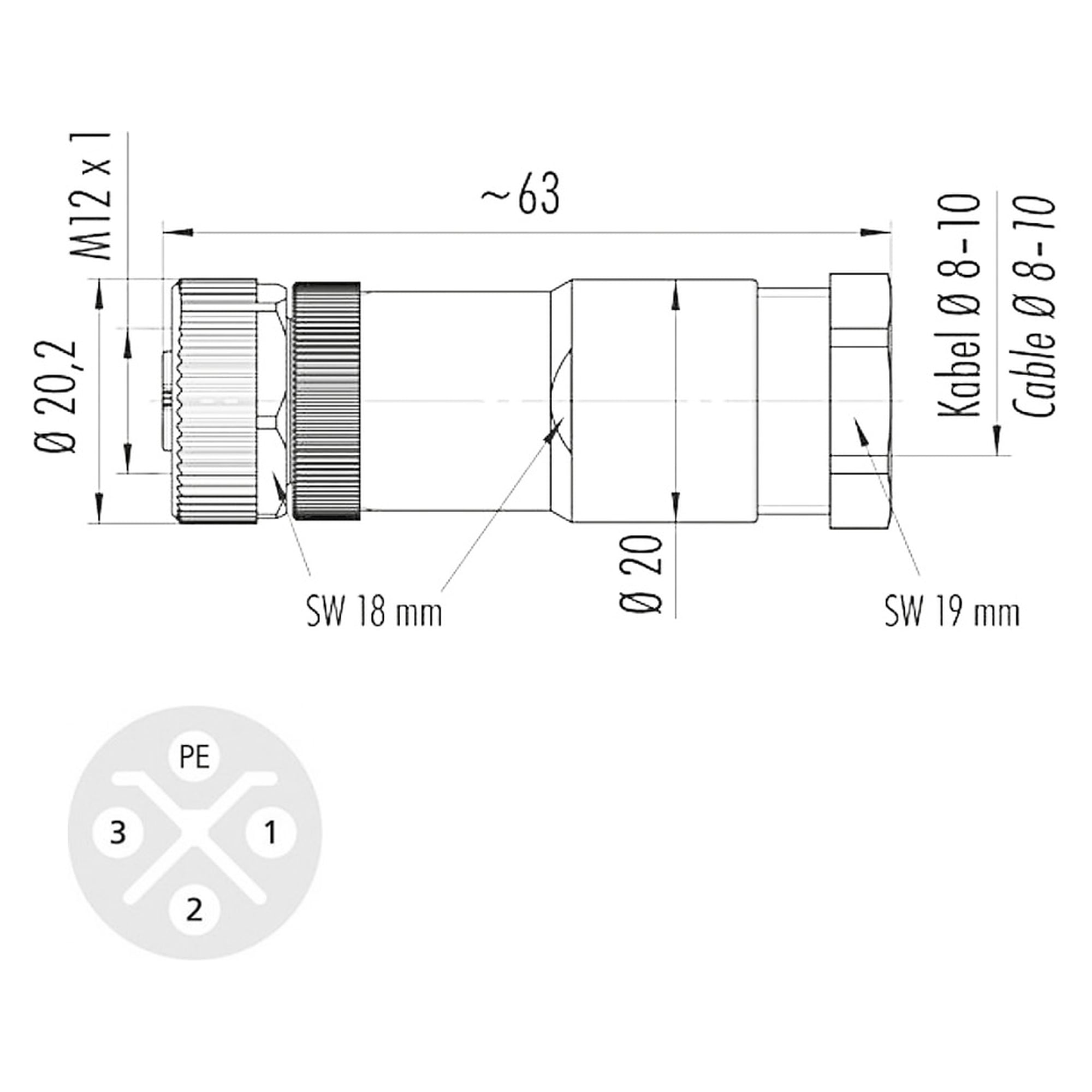 M12 Buchse gerade S-kodiert, 3+PE konfektionierbar, 220-240V AC - LED2WORK 200200-11