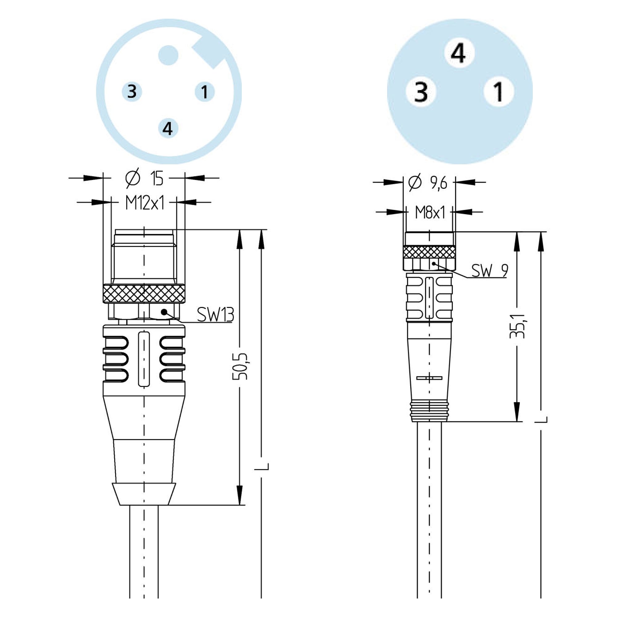 Câble capteur 0,2 m, 3 pôles, embase M8 vers connecteur M12, 24V - LED2WORK 200200-25