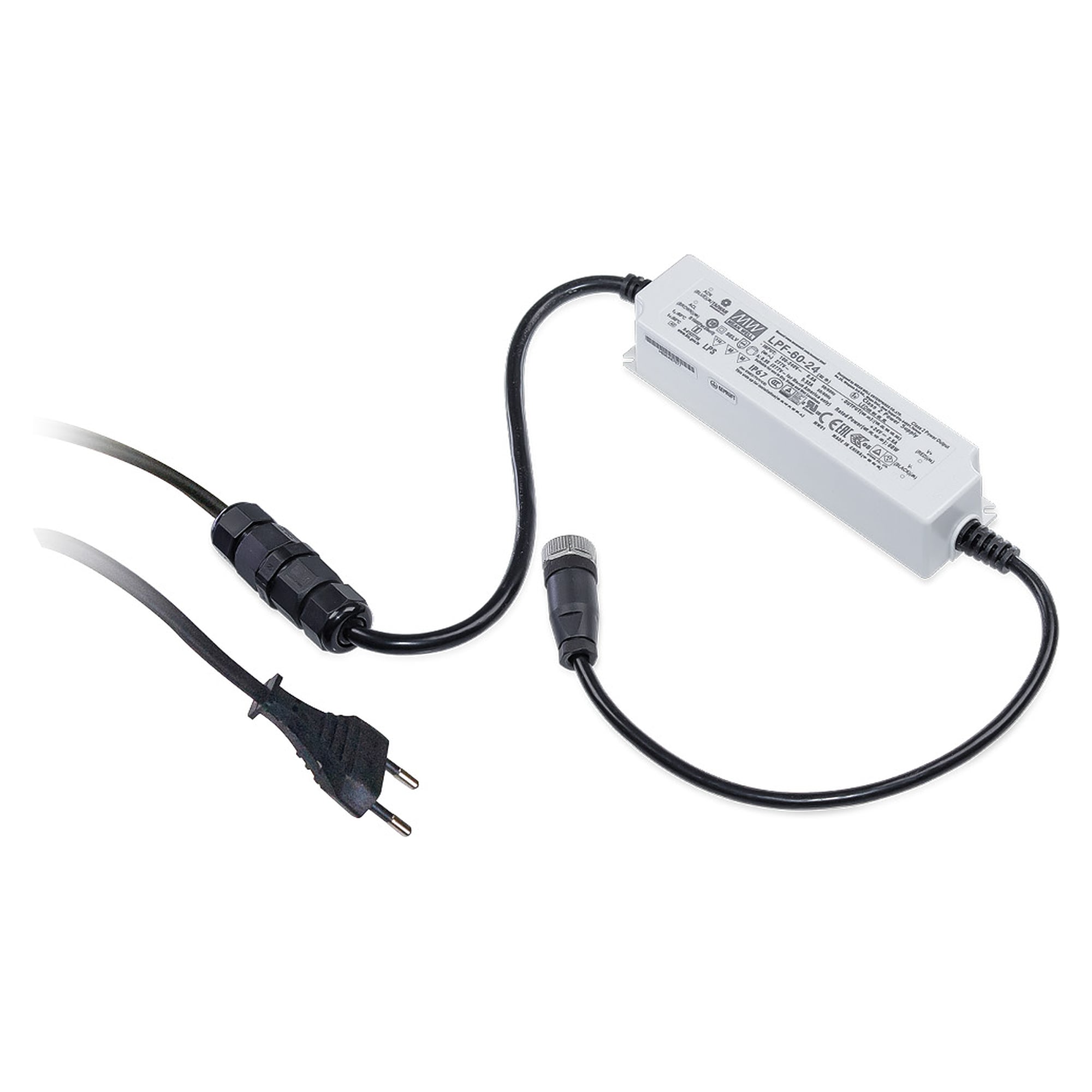Power supply 24V DC 60 W, M12 socket/earthed plug, IP67 - LED2WORK 210100-11