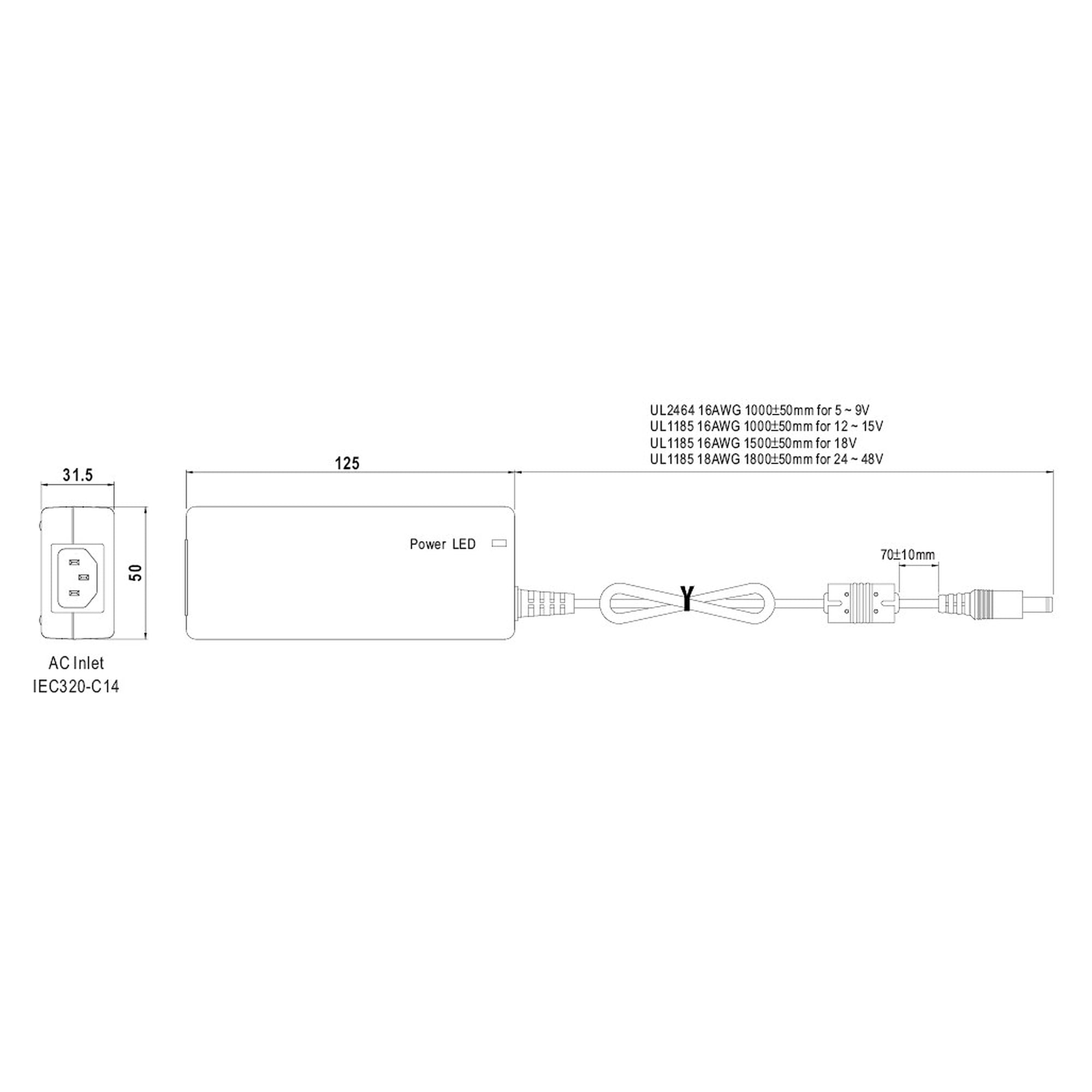 Tischnetzteil 24V DC, 60 W, M12 A-kodiert, 5 m Kaltgerätekabel - LED2WORK 210100-12