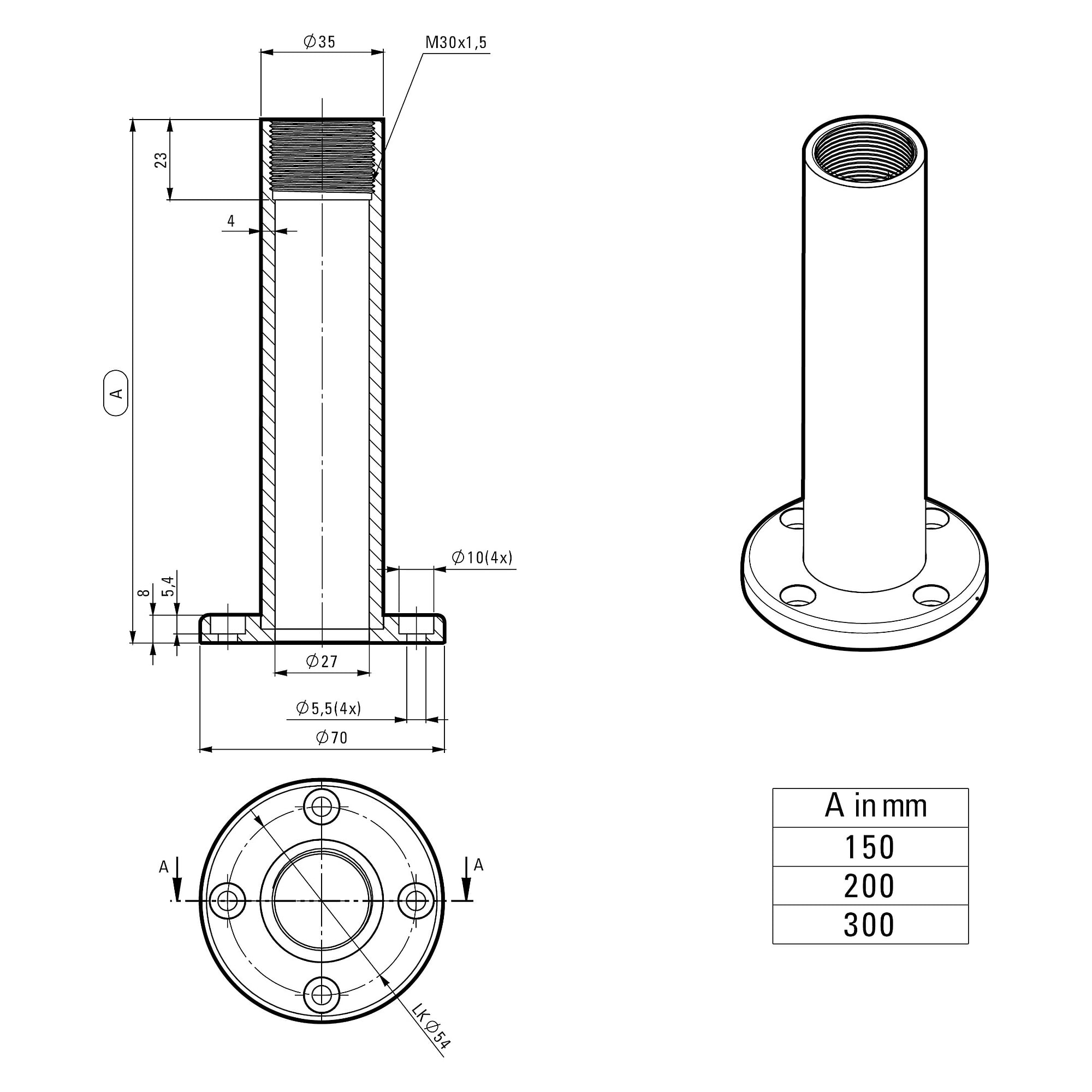 DOMELED Montagerohr Aluminium 200 mm, schwarz beschichtet - LED2WORK 210200-37