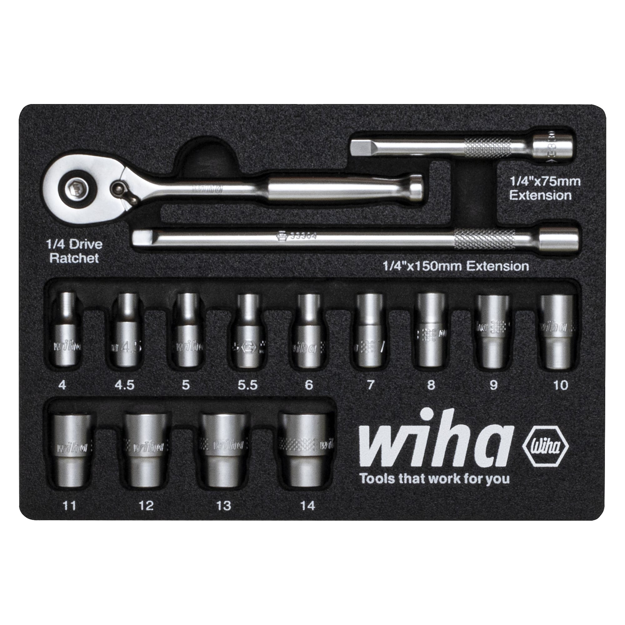 Jeu de clés à cliquet 1/4" 16 pièces 4-14 mm dans intercalaire mousse - Wiha 44683