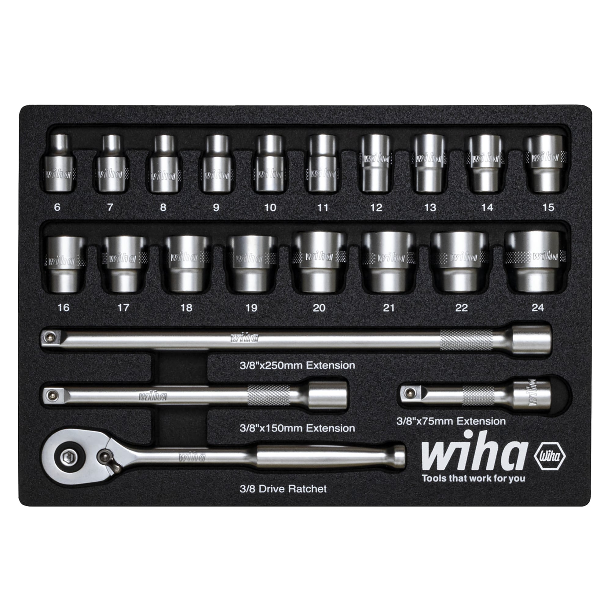 Ratchet Wrench Set 3/8" 22 pcs. 6-24 mm in Foam Insert - Wiha 44708