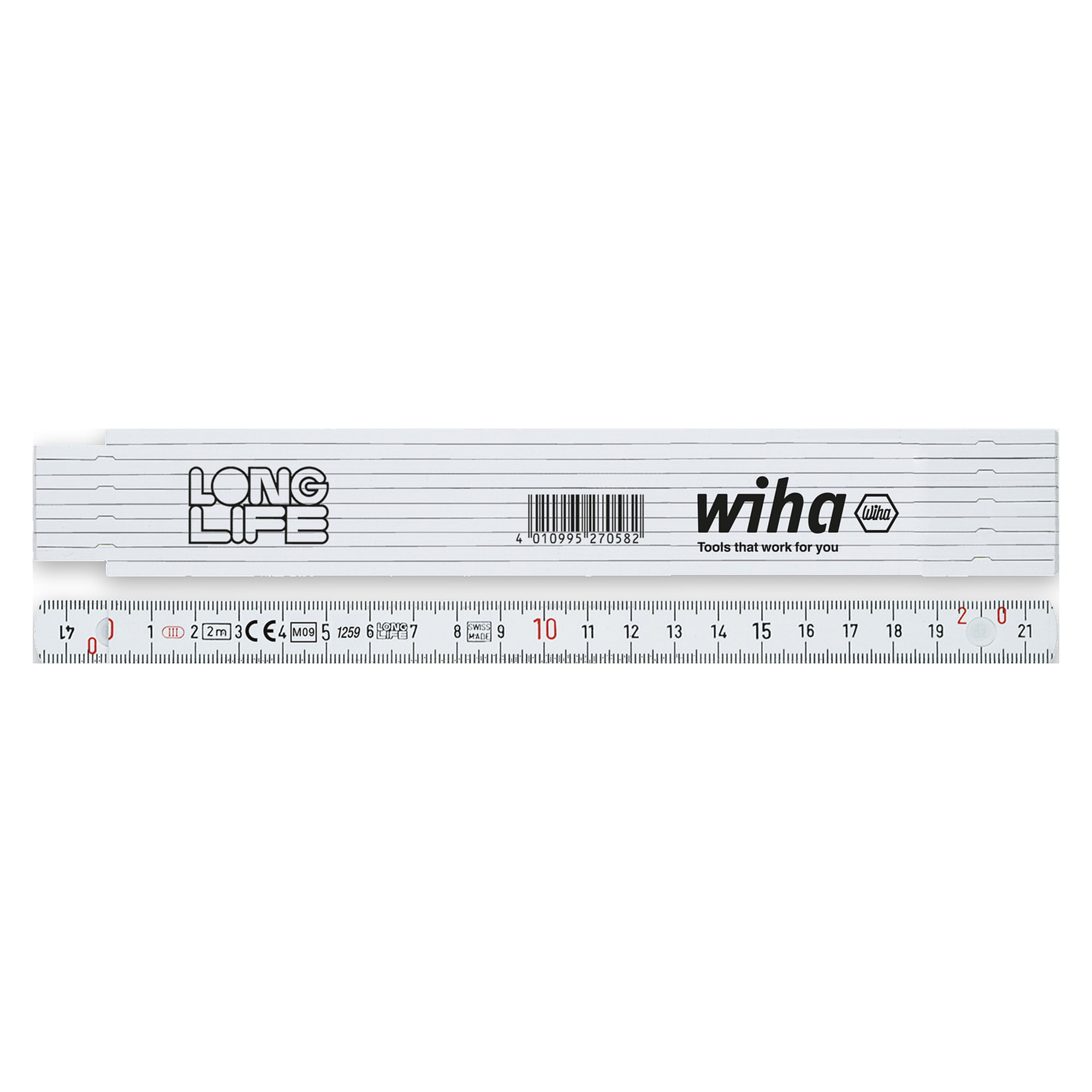 Mètre pliant Longlife® 2 m métrique, 10 branches, blanc - Wiha 27057