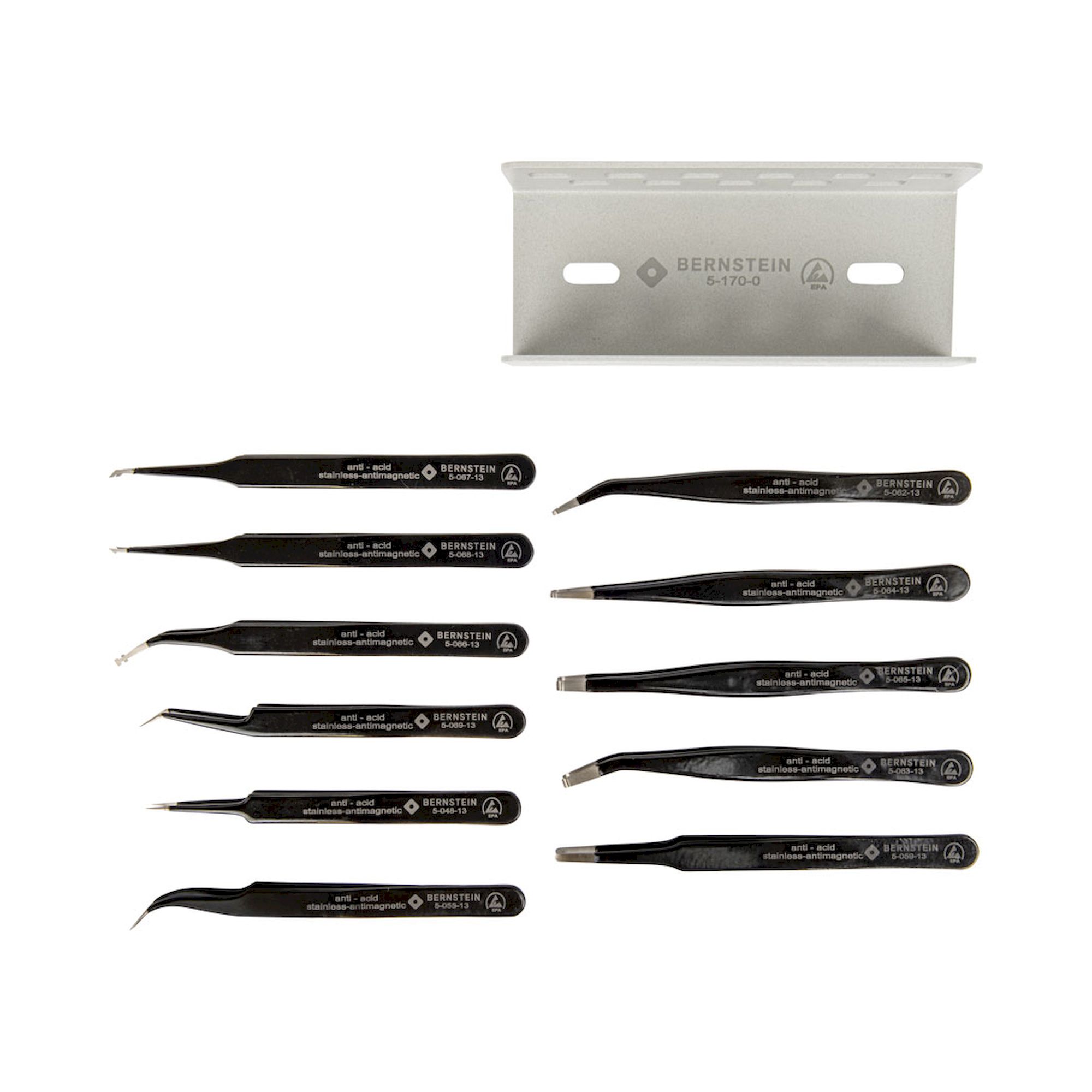 Bernstein 5-170-G. ESD SMD tweezers set geoMetric 11 pcs with holder TWEEZ