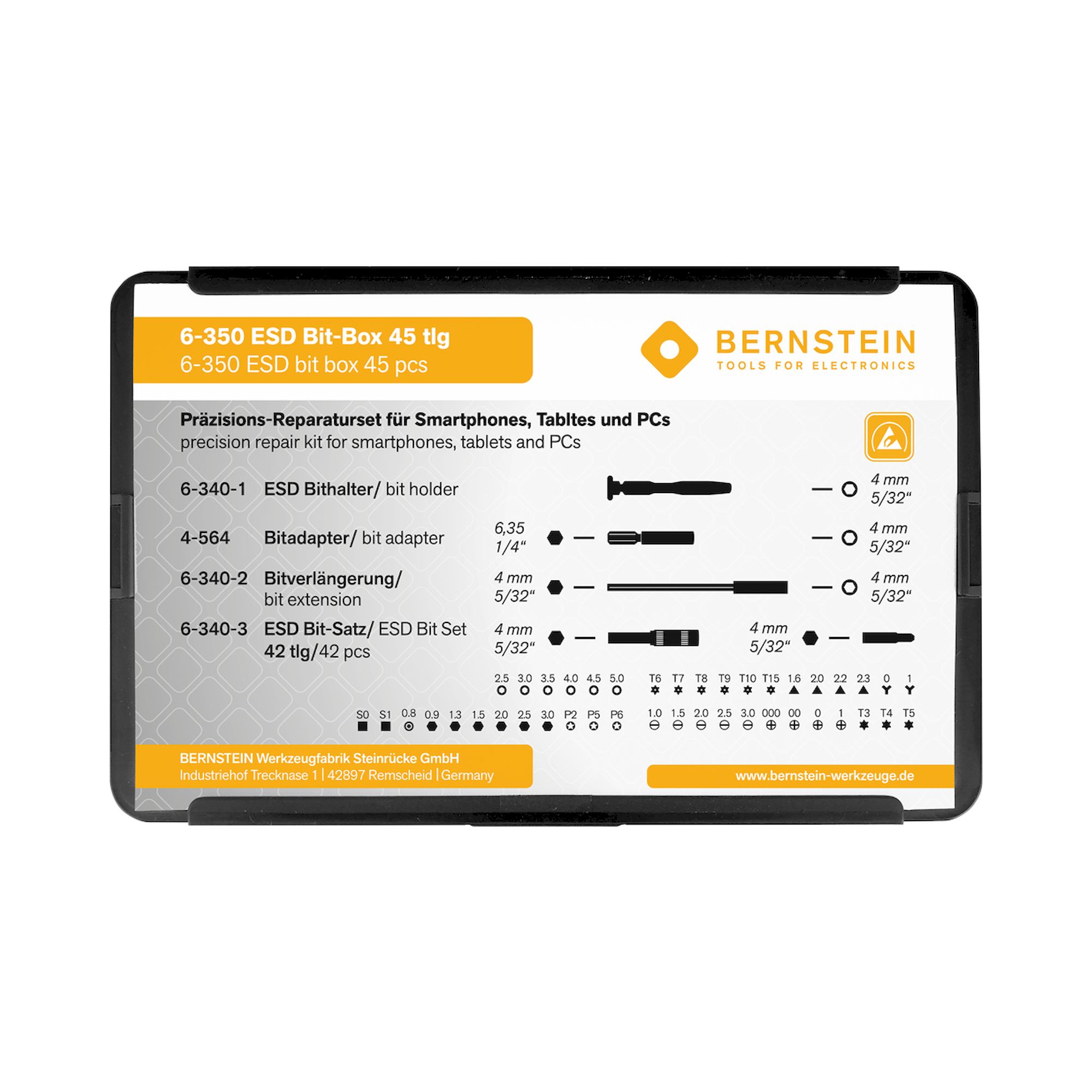 Bernstein 6-350. ESD bit box 45 pcs 4mm bits 5/32 inch + ESD handle + extension