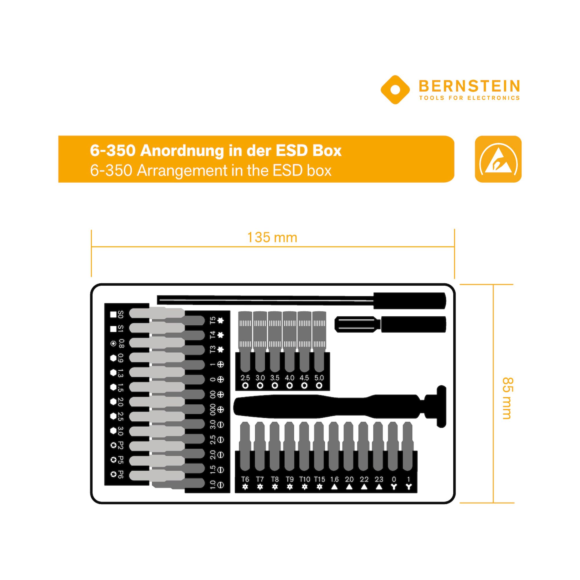 Bernstein 6-350. ESD bit box 45 pcs 4mm bits 5/32 inch + ESD handle + extension