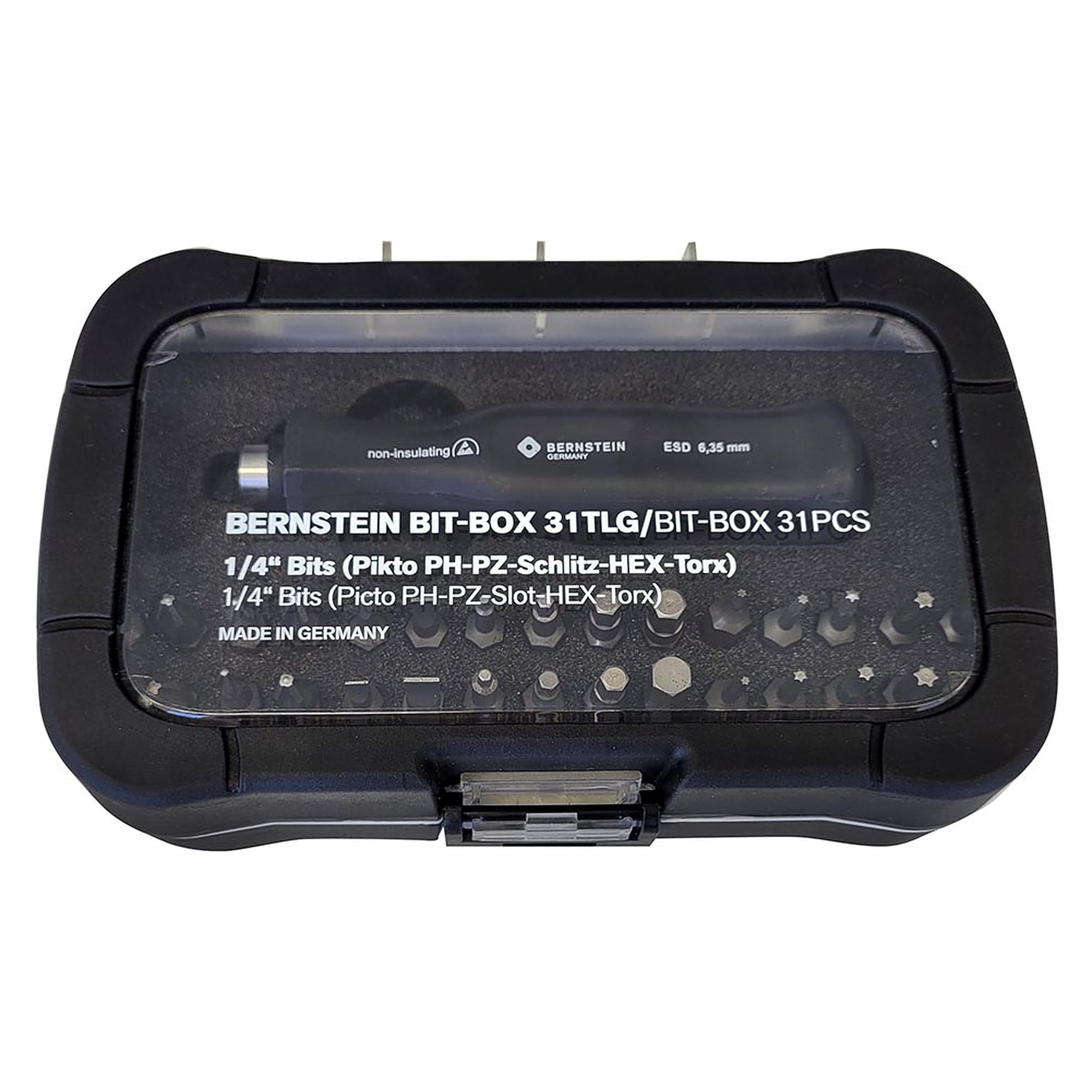 Coffret d'embouts 1/4 pouce 31 pièces manche ESD, dissipatif 10^5 à 10^7 Ohm - Bernstein 6-355-ESD