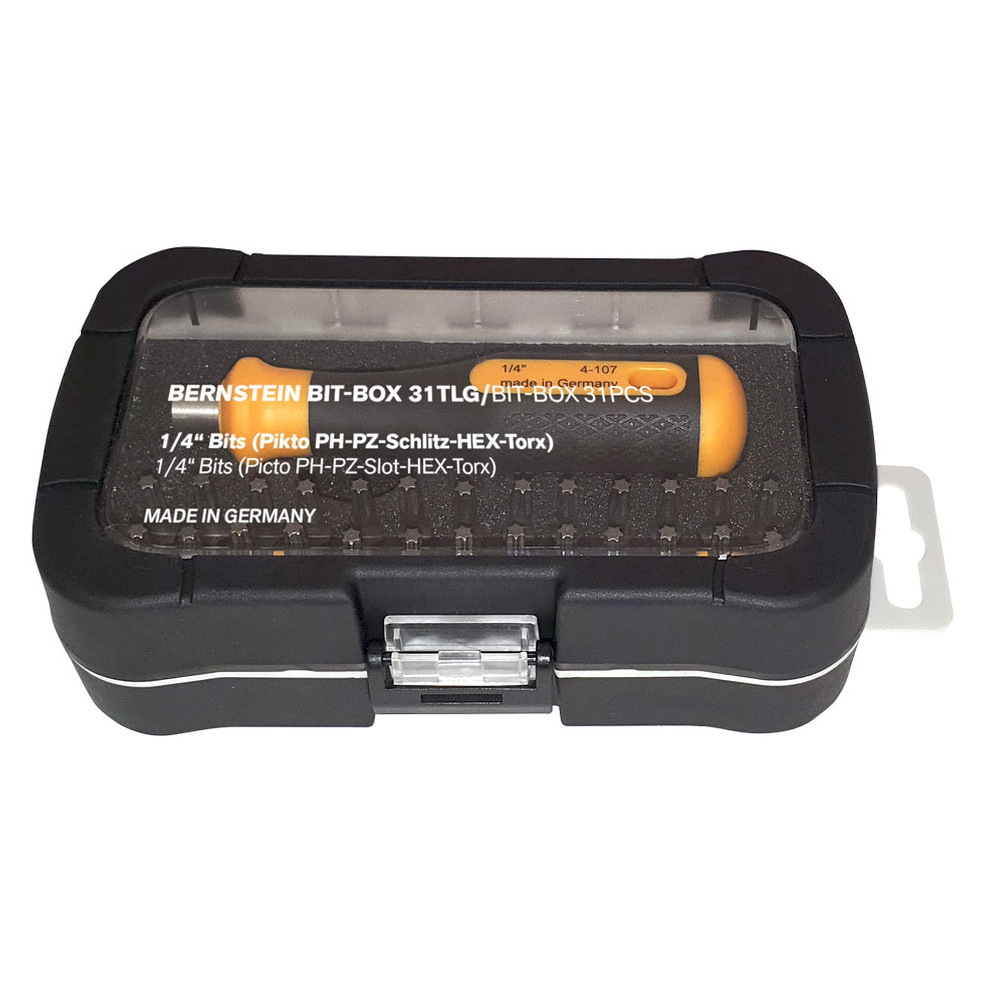 1/4 Inch Bit Box 31 Pieces with Screwdriver Handle, DIN Bits 58-60 HRC - Bernstein 6-355