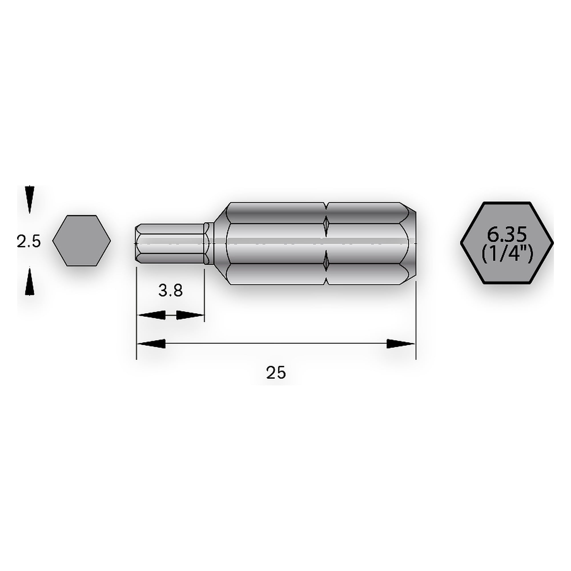 Embout industriel HEX 2,5 mm six pans 1/4 pouce C6.3, longueur 25 mm, VE6 - Bernstein 6-HX25-25