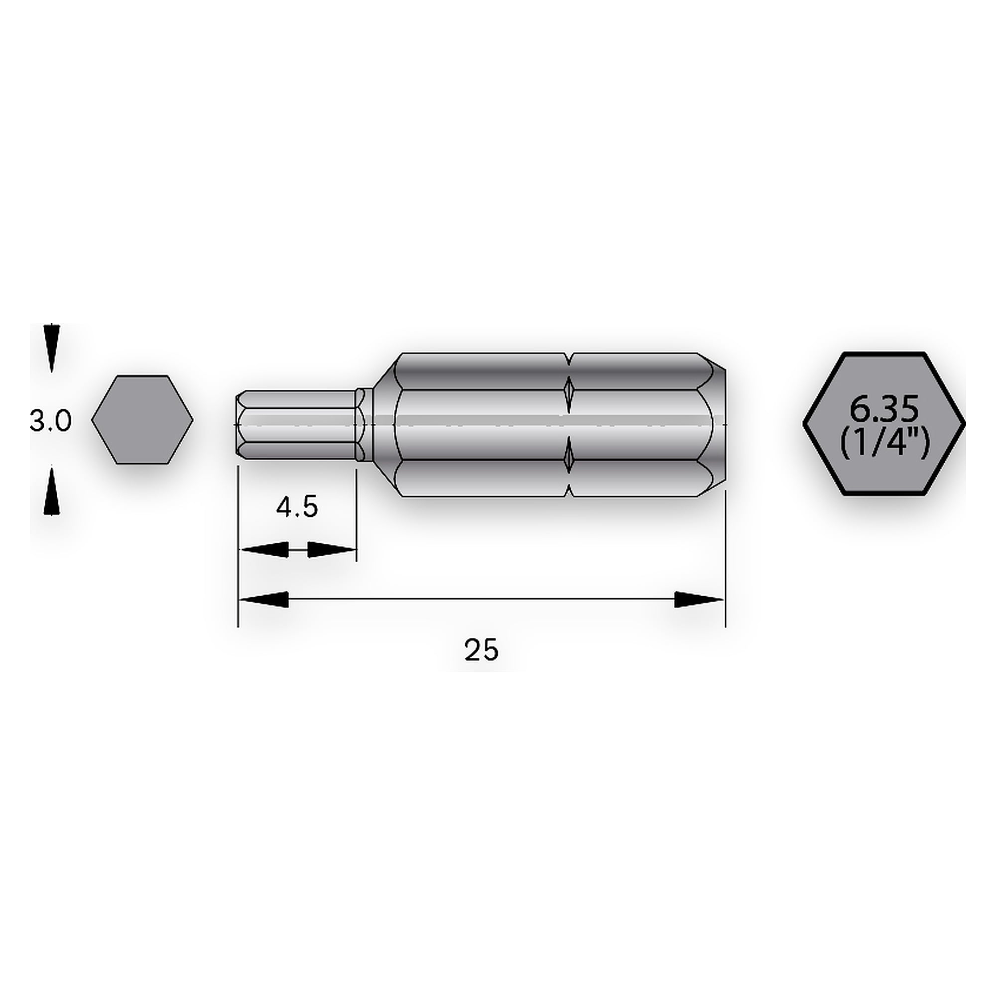 Industrial Bit HEX 3.0 mm Hexagon 1/4 Inch C6.3, Length 25 mm, PU6 - Bernstein 6-HX30-25
