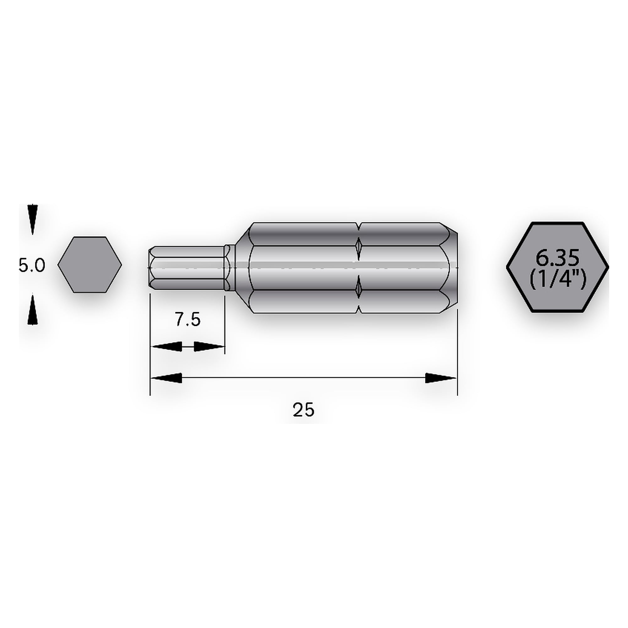 Embout industriel HEX 5,0 mm six pans 1/4 pouce C6.3, longueur 25 mm, VE6 - Bernstein 6-HX50-25