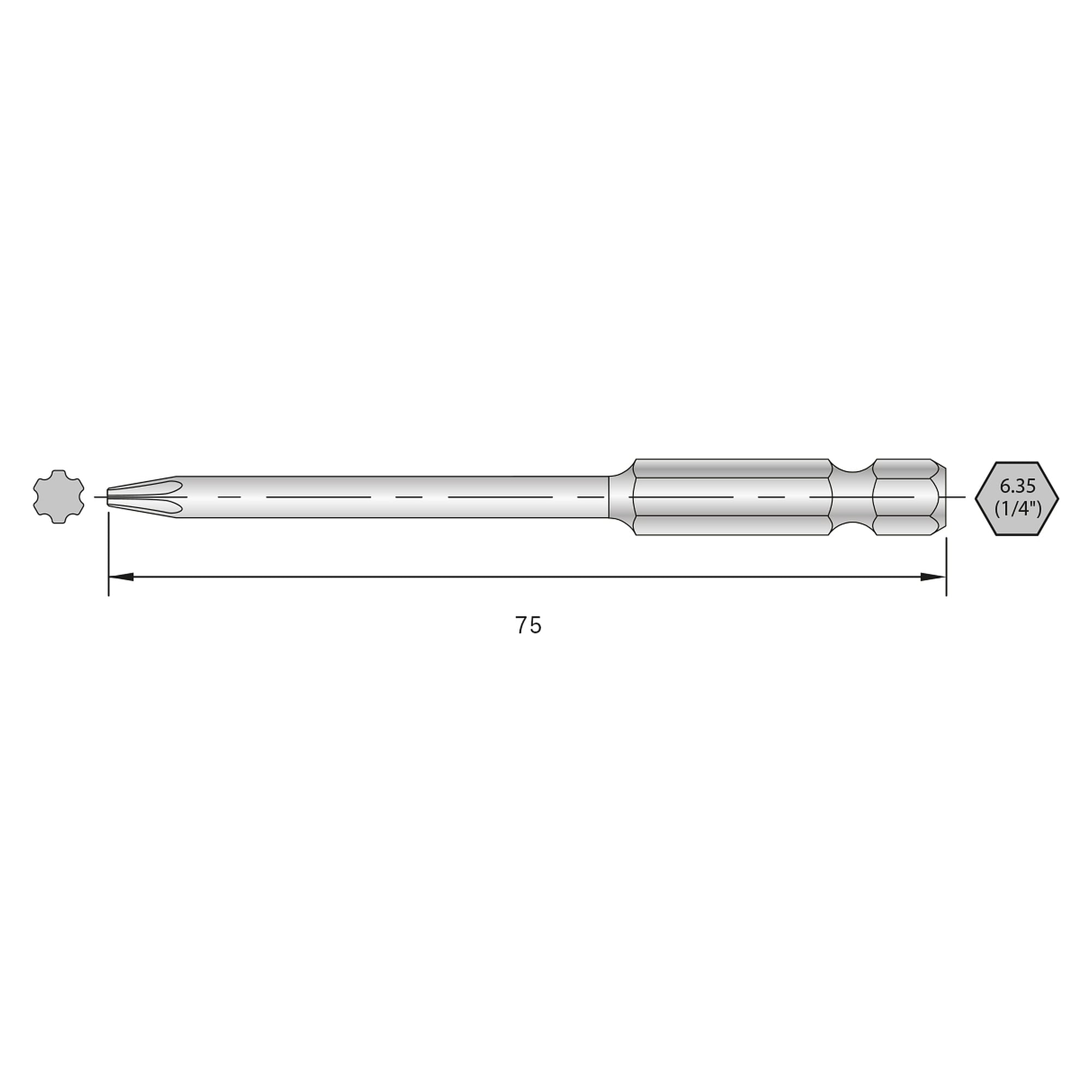 Embout industriel TORX PLUS 8IP avec tige 1/4 pouce E6.3, longueur 75 mm, lot de 6 - Bernstein 6-IP08-75
