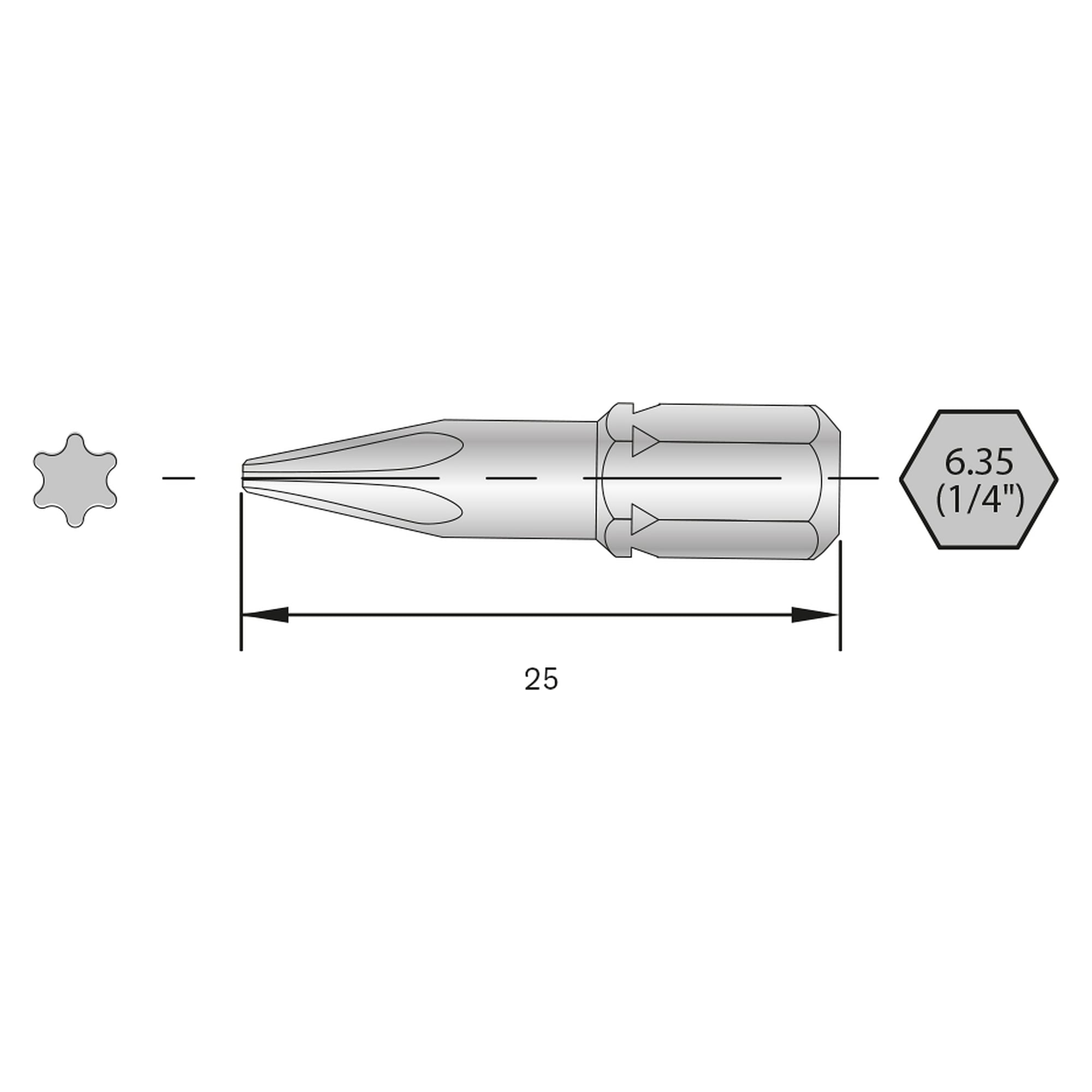 Embout industriel TORX 8 pour adaptateurs de couple, 1/4 pouce C6.3, longueur 25 mm - Bernstein 6-TX08-25