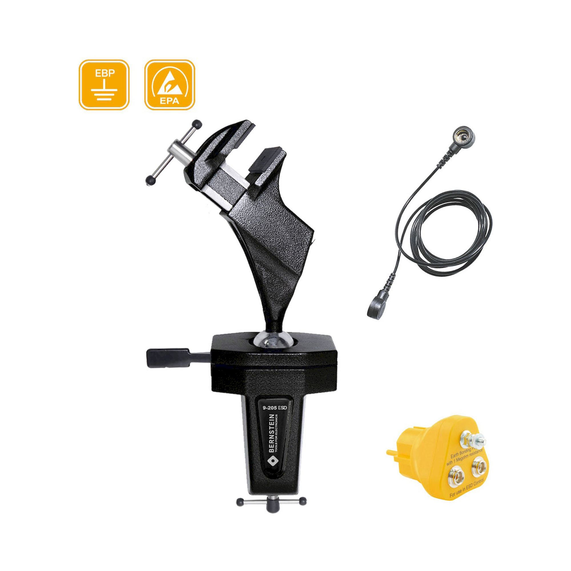 Bernstein 9-205-ESD-SET1. ESD ball joint vice (clamping) dissipative + earth bonding point + cable