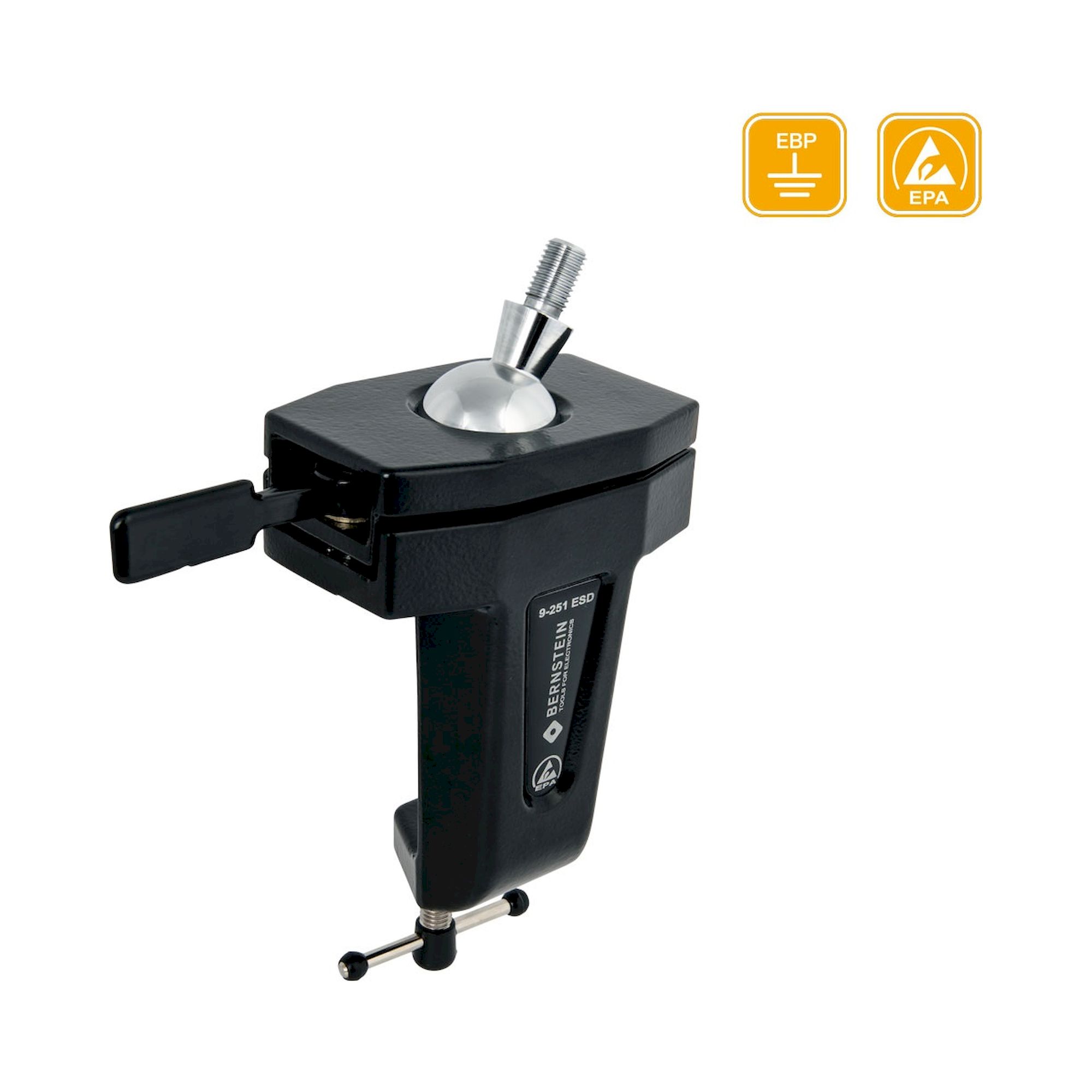 Bernstein 9-251-ESD. ESD Kugelgelenk-Fußteil SPANNFIX zum Anklemmen, ableitfähig, mit Gewindezapfen 20 mm