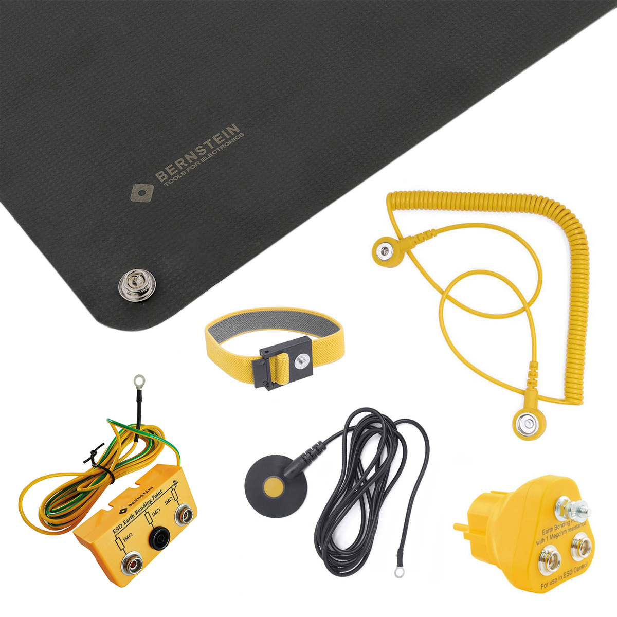 Kit de mise à la terre ESD 6 pièces, tapis 500x400 mm, bracelet et point de terre - Bernstein 9-354-B