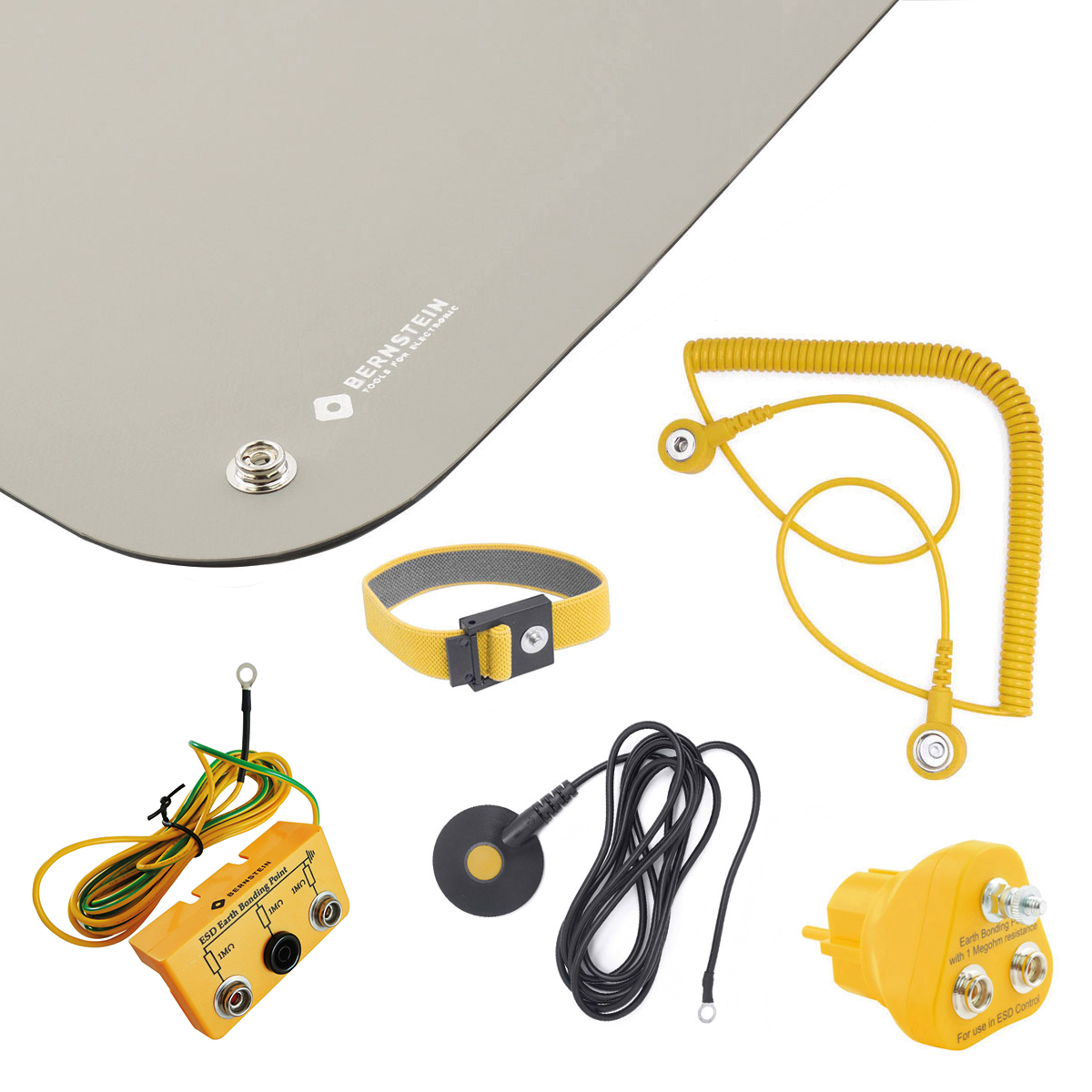 Kit de mise à la terre ESD 6 pièces avec tapis gris platine 900 x 610 x 2 mm - Bernstein 9-361-B