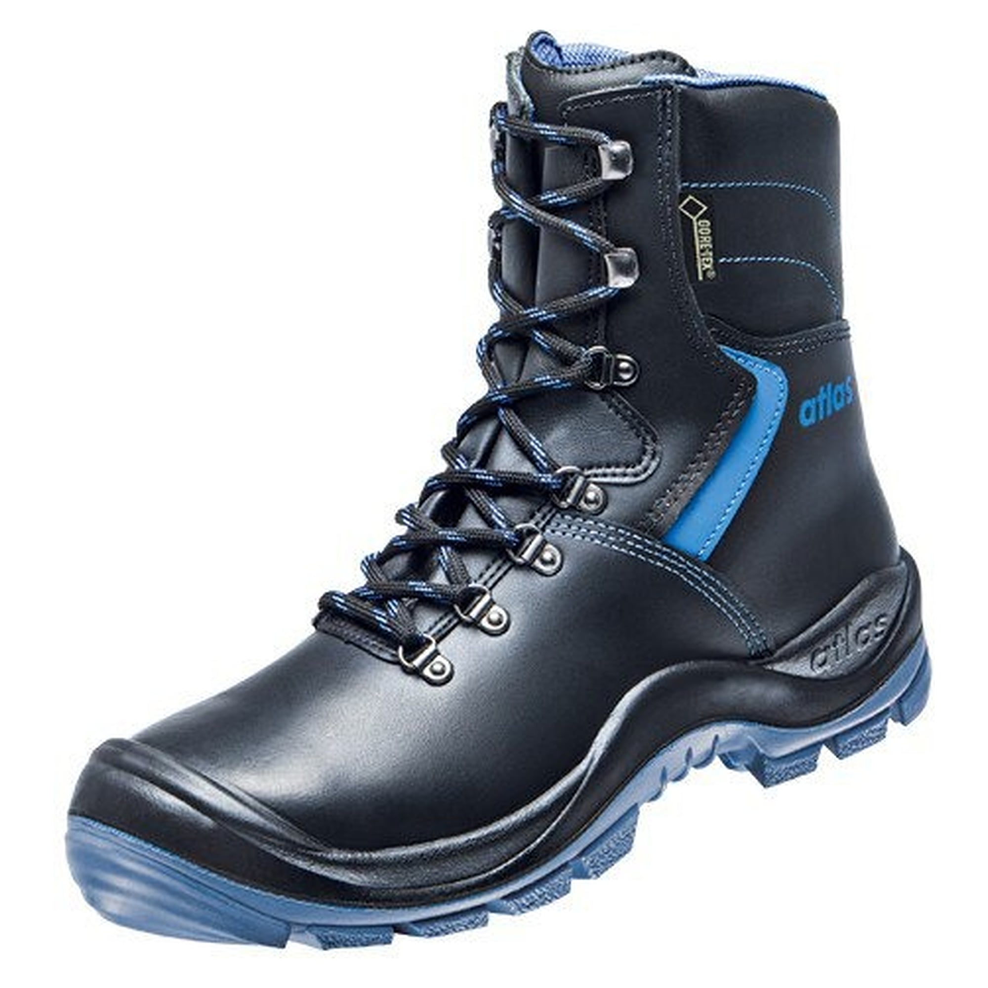 Sicherheitsstiefel S3 SRC GTX 935 GORE-TEX, Glattleder, Stahlkappe, Weite 12, schwarz/royalblau - Atlas 75112
