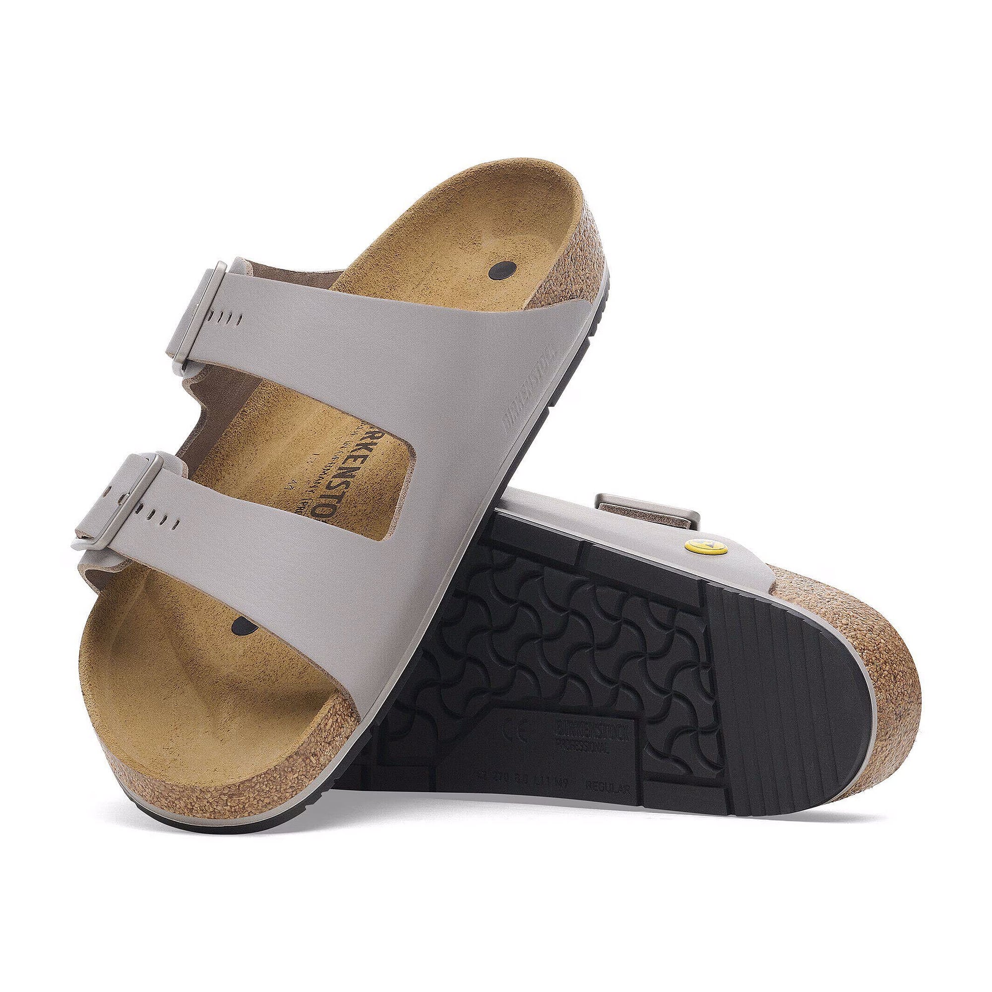 ESD-Berufssandale Arizona PRO, Zweiriemer, PU-beschichtetes Naturleder grau, Kork-Latex-Fußbett - Birkenstock 1028950