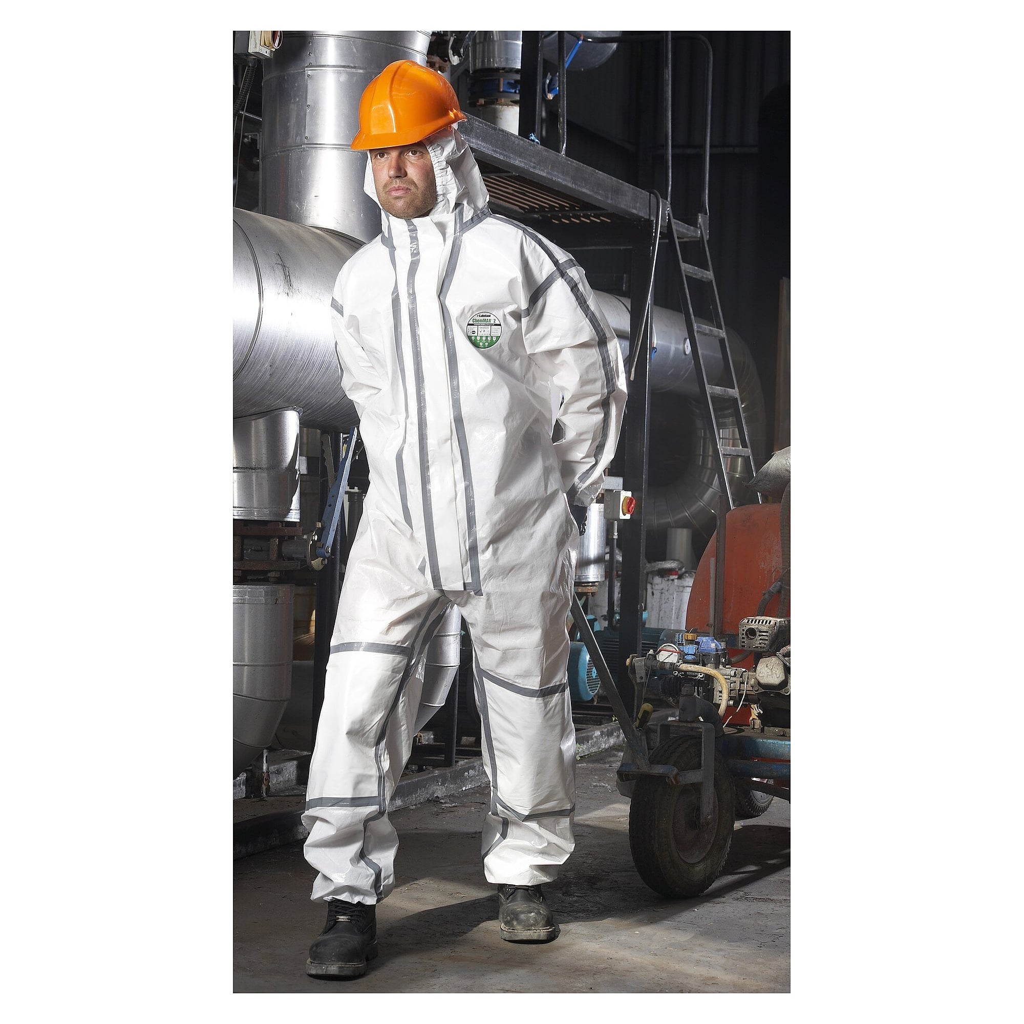 Combinaison chimique ChemMax 2 enduite de polymère, capuche et genouillères, gris-blanc - DS Safety Wear CM2