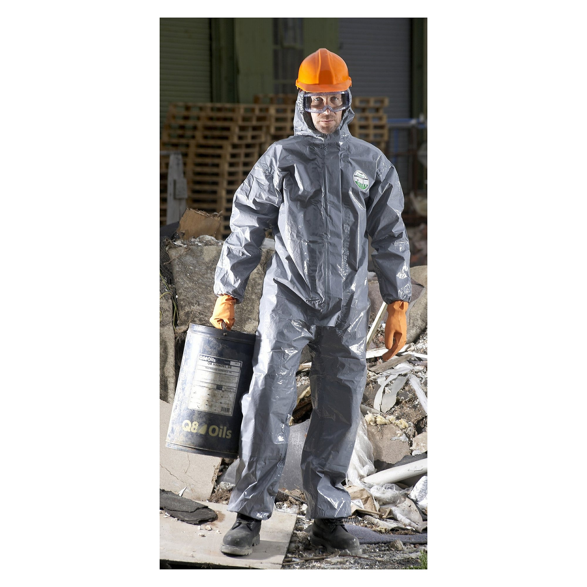 Combinaison chimique ChemMax 3 enduite de polymère, capuche et genouillères, gris-blanc - DS Safety Wear CM3