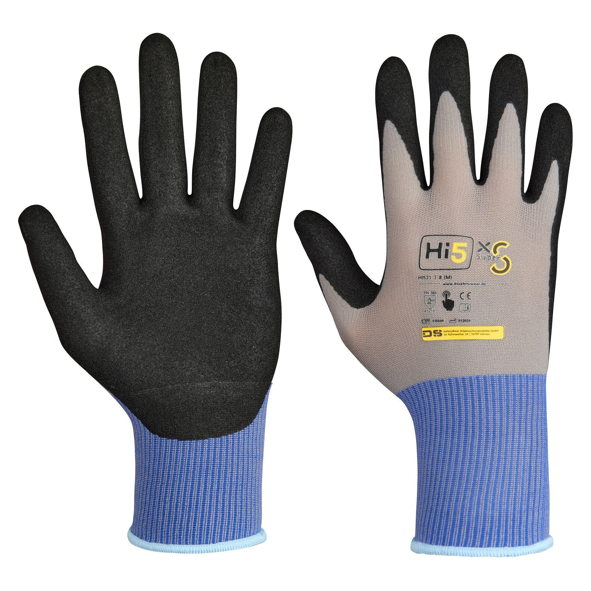 Arbeitshandschuh Hi5 X Super S EN 388 4121X, raue Nitrilbeschichtung, Touchscreen, grau/schwarz - DS Safety Wear HI521