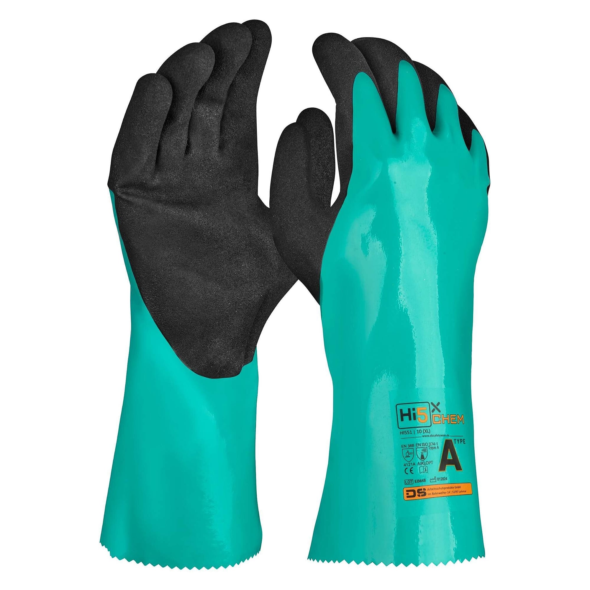 Gant de protection chimique Hi5 X Chem AJKLOPT, nitrile, finition Sandy, bleu/noir - DS Safety Wear HI551
