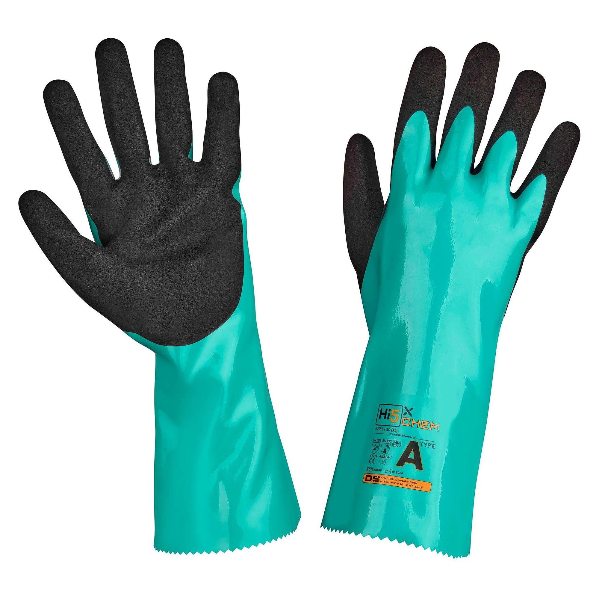 Gant de protection chimique Hi5 X Chem AJKLOPT, nitrile, finition Sandy, bleu/noir - DS Safety Wear HI551