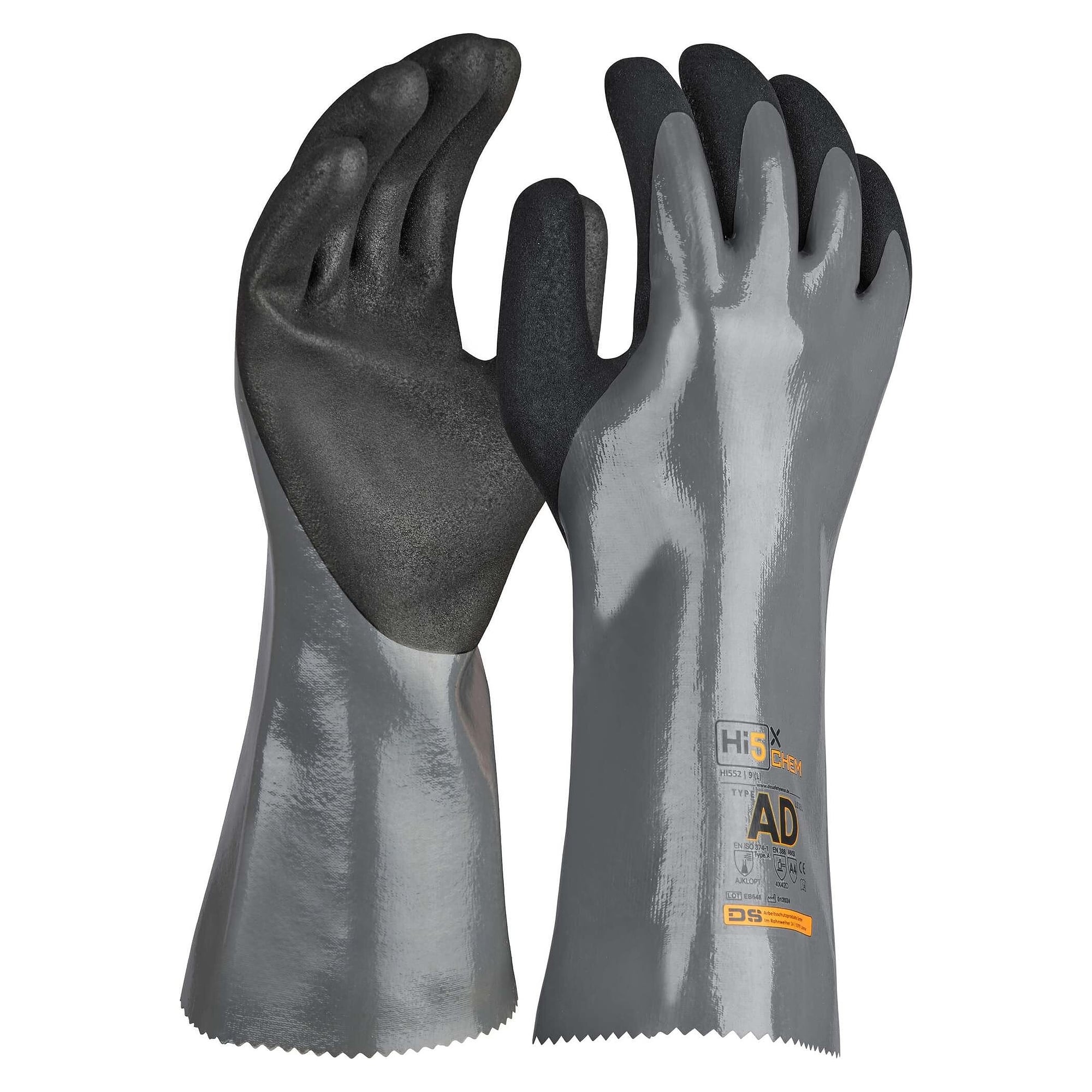 Gant de protection chimique Hi5 X Chem AJKLOPT, nitrile, finition Sandy, gris/noir - DS Safety Wear HI552