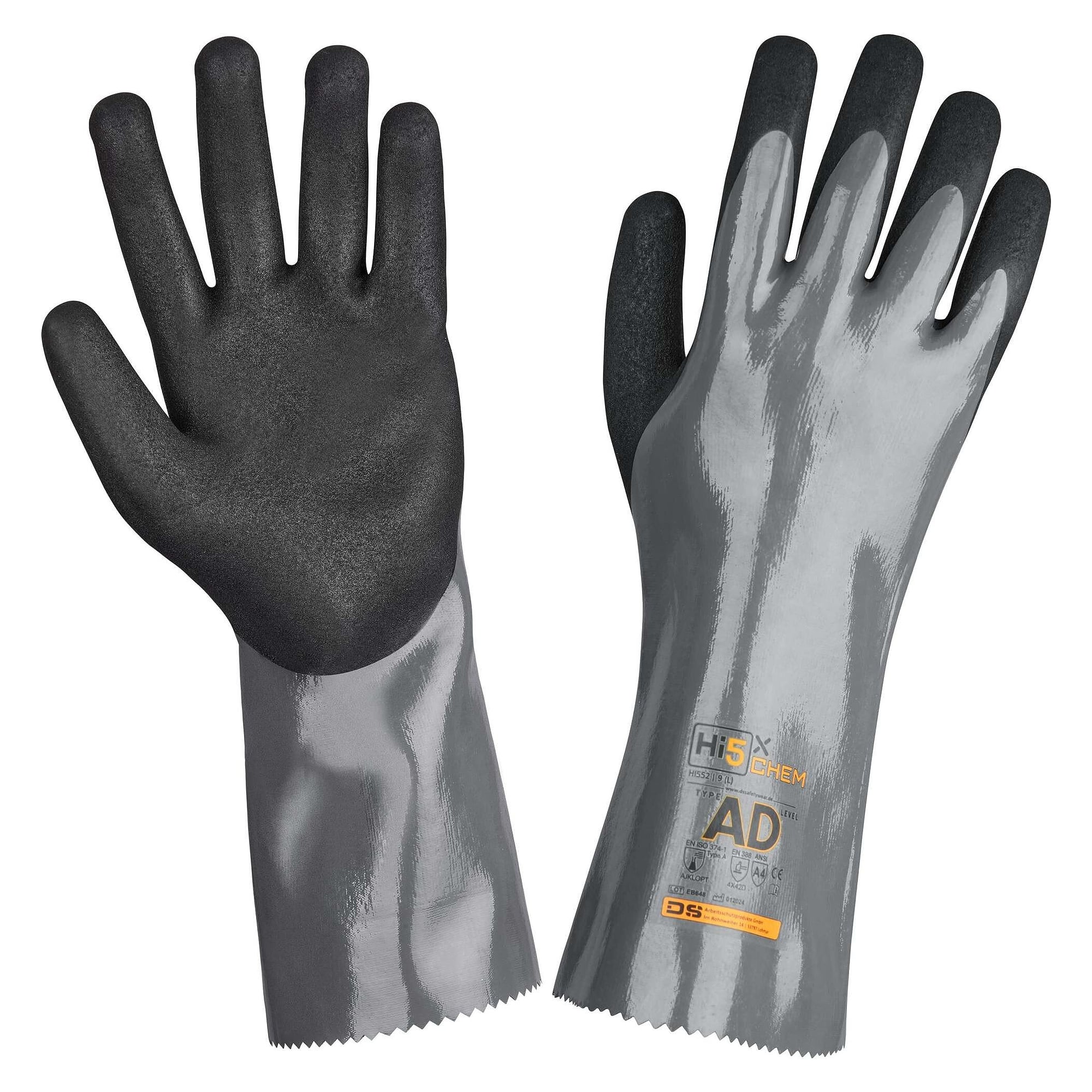 Gant de protection chimique Hi5 X Chem AJKLOPT, nitrile, finition Sandy, gris/noir - DS Safety Wear HI552