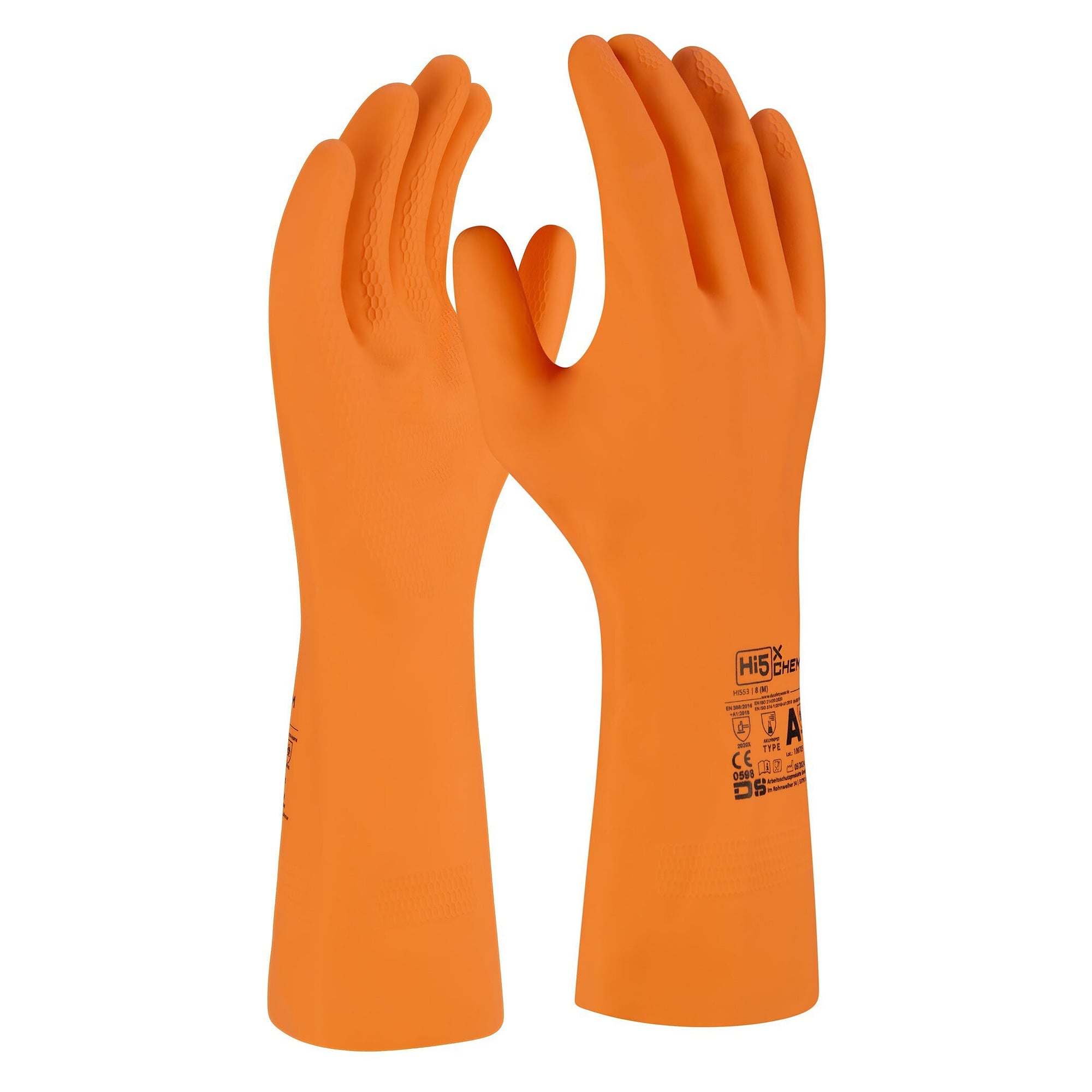 Gant de protection chimique Hi5 X Chem EN ISO 374-1 type A AKLMNPST, floqué, orange - DS Safety Wear HI553