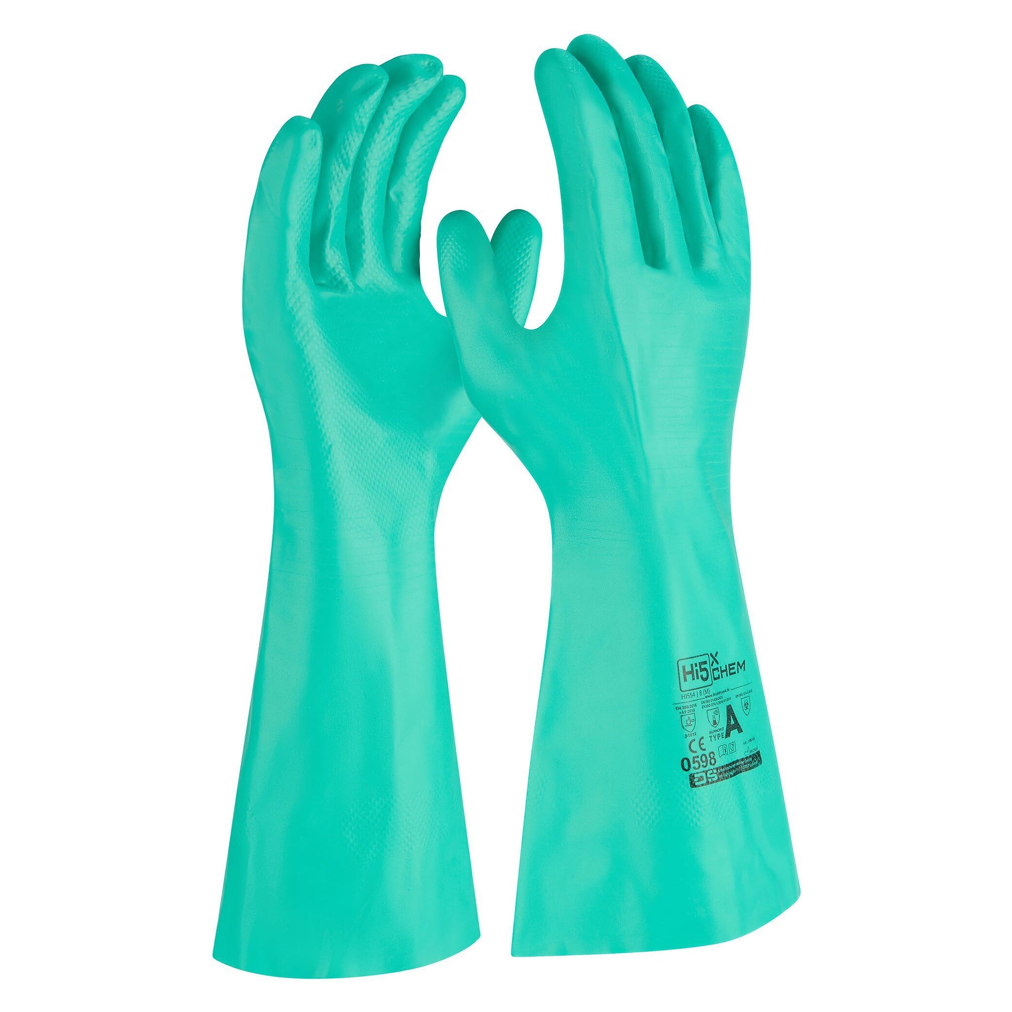 Gant de protection chimique Hi5 X Chem EN ISO 374-1 type A AKLMNPST, nitrile, floqué, vert - DS Safety Wear HI554