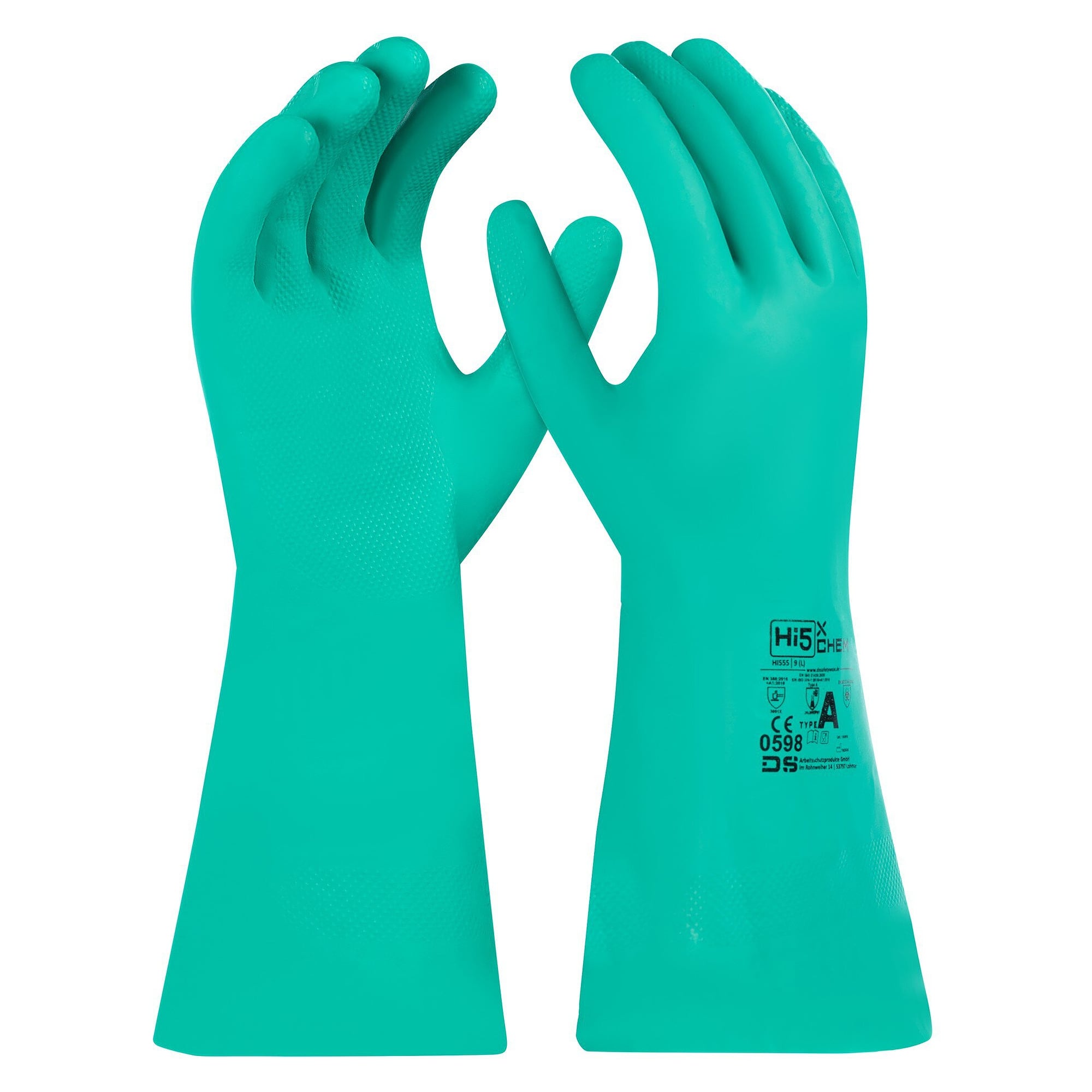 Gant de protection chimique Hi5 X Chem en caoutchouc nitrile, chloré, motif antidérapant, vert - DS Safety Wear HI555