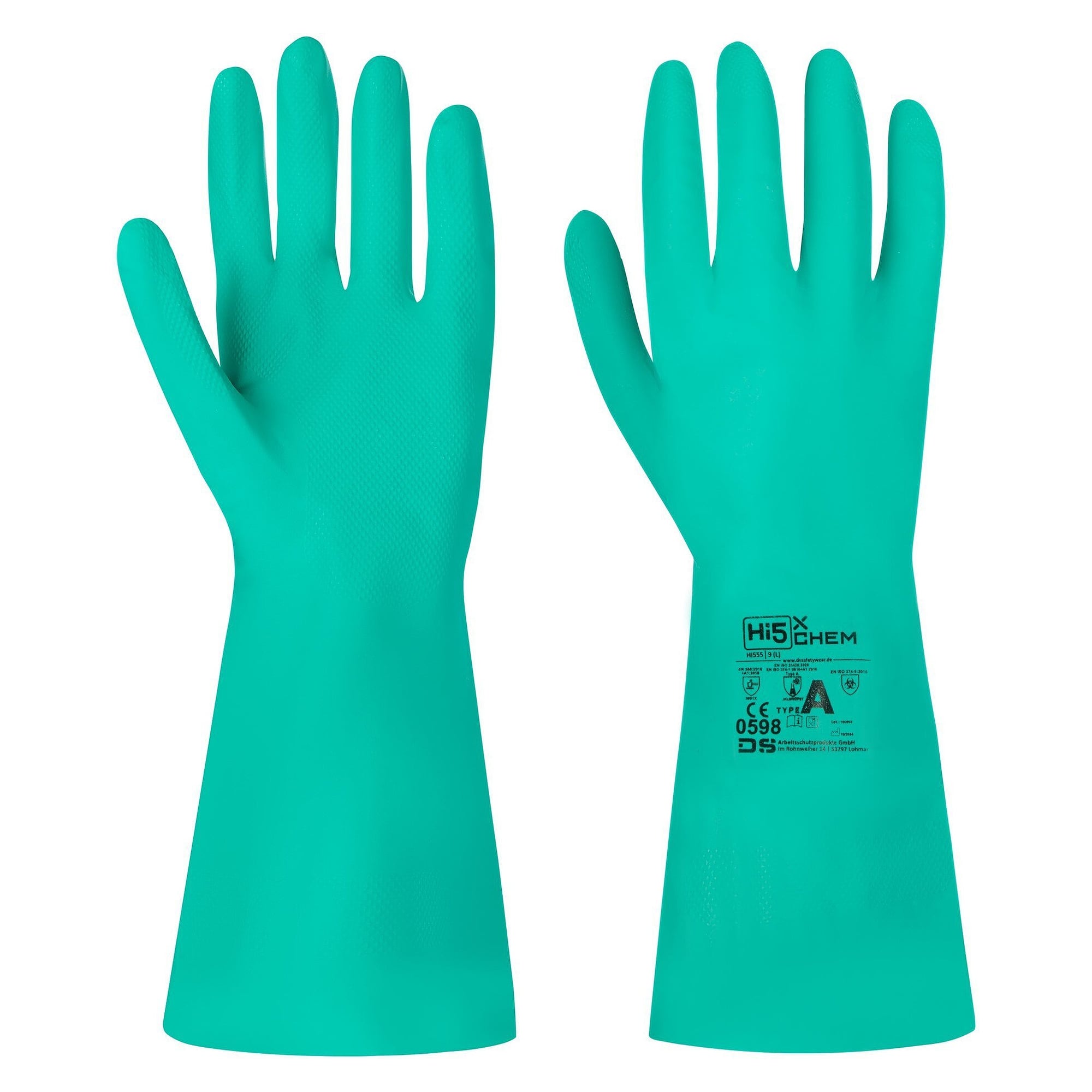 Gant de protection chimique Hi5 X Chem en caoutchouc nitrile, chloré, motif antidérapant, vert - DS Safety Wear HI555