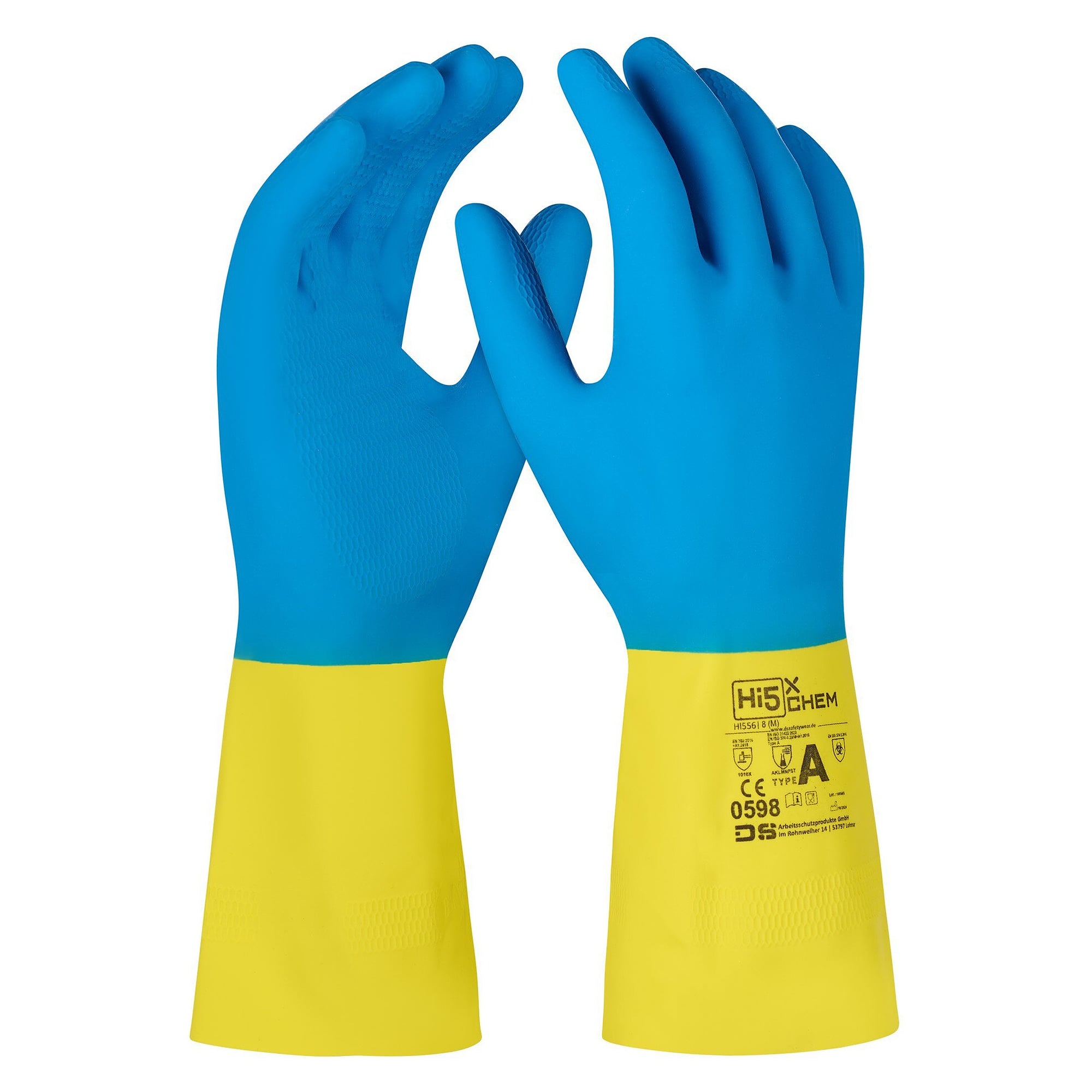Gant chimique Hi5 X Chem en caoutchouc naturel, EN ISO 374-1 type A, floqué, bleu/jaune - DS Safety Wear HI556