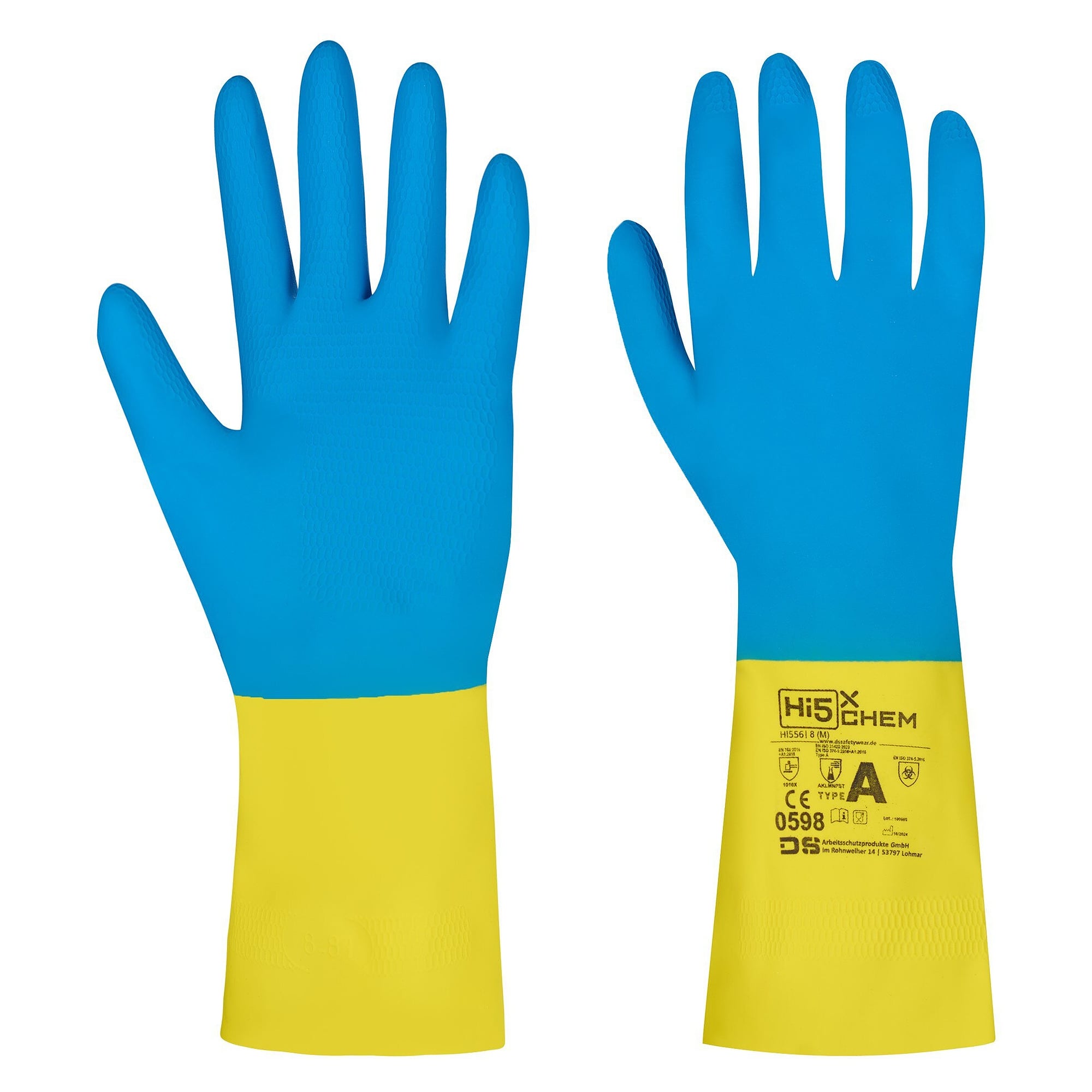 Gant chimique Hi5 X Chem en caoutchouc naturel, EN ISO 374-1 type A, floqué, bleu/jaune - DS Safety Wear HI556