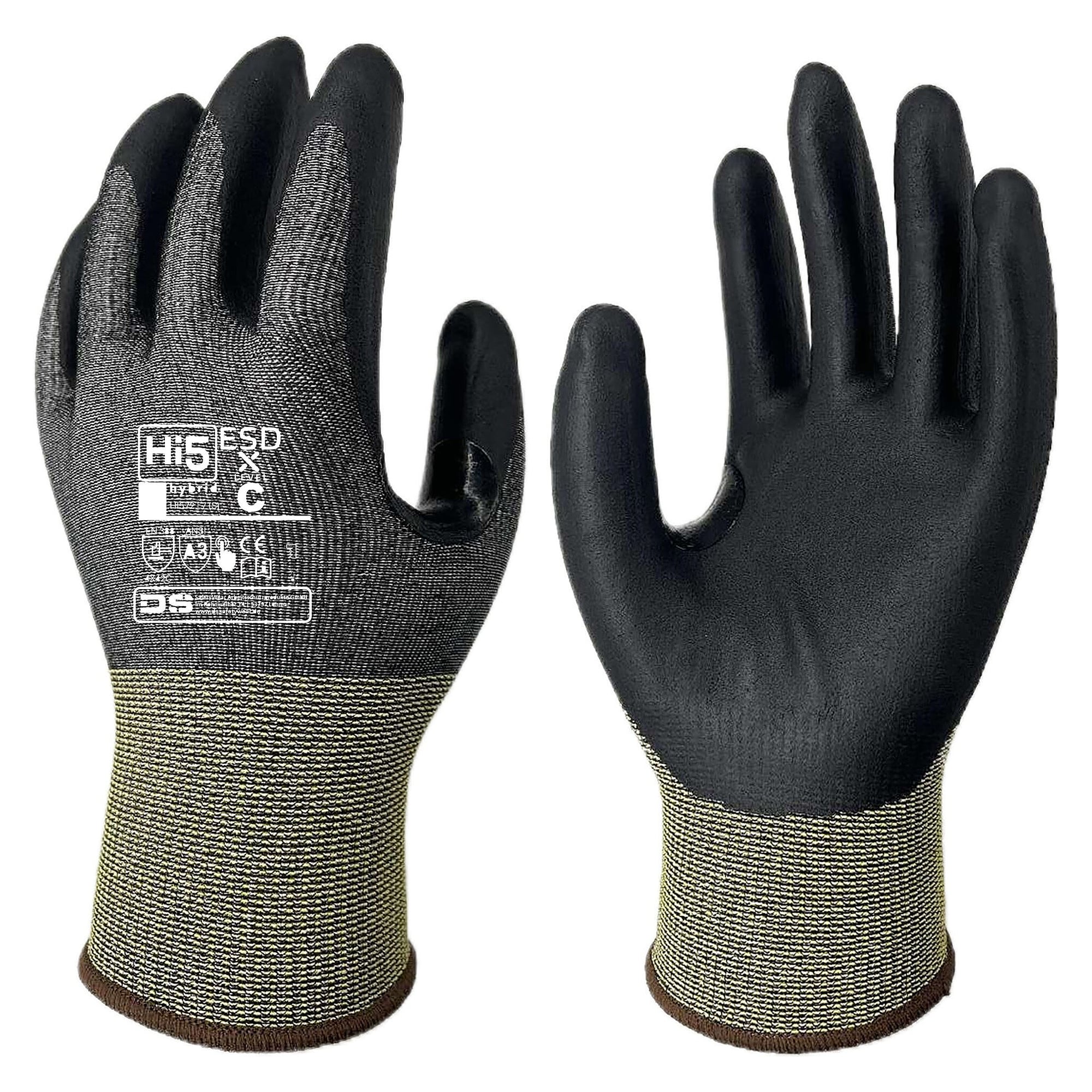 Gant de montage ESD Hi5 X ESD, paume nitrile, carbone/élasthanne, EN 388 1121X, noir/jaune - DS Safety Wear HI572