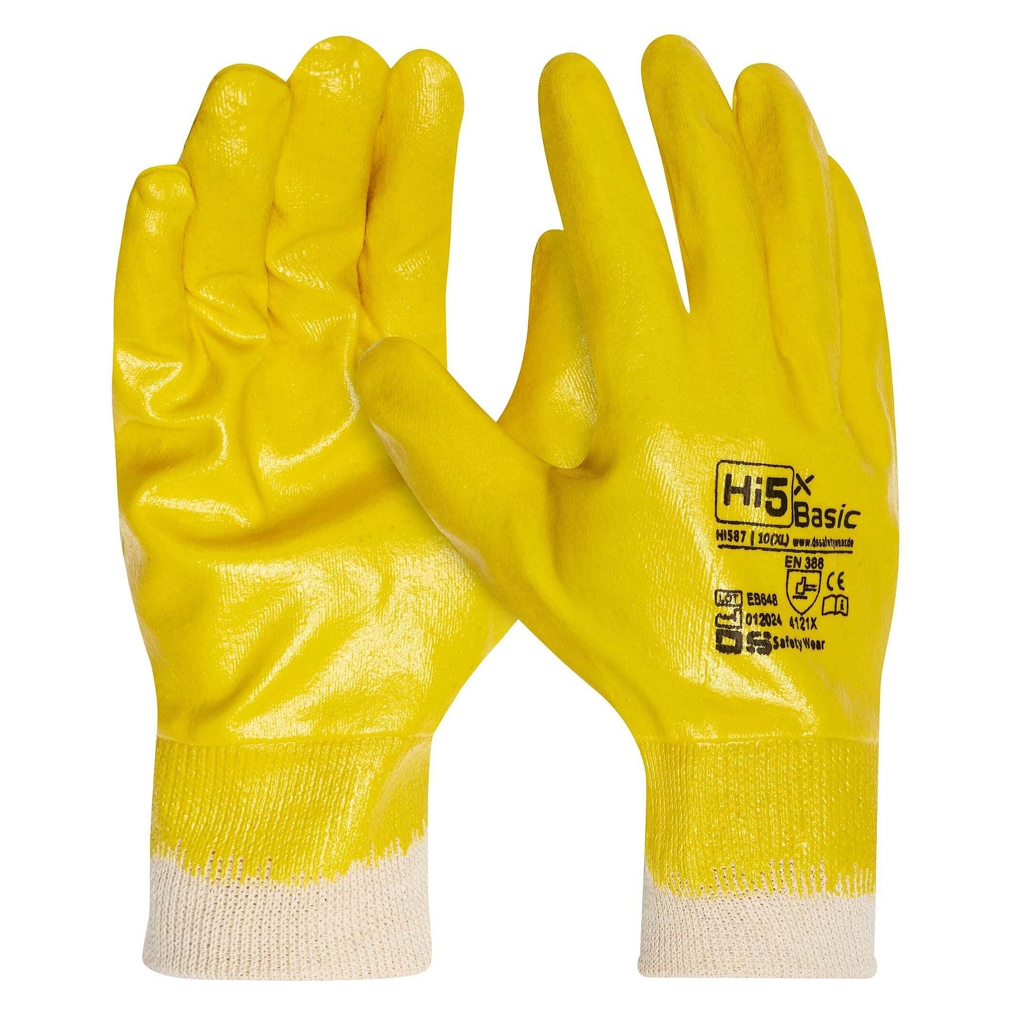 Hi5 X Basic work glove EN 388 4121X with full nitrile coating and interlock lining, white/yellow - DS Safety Wear HI587