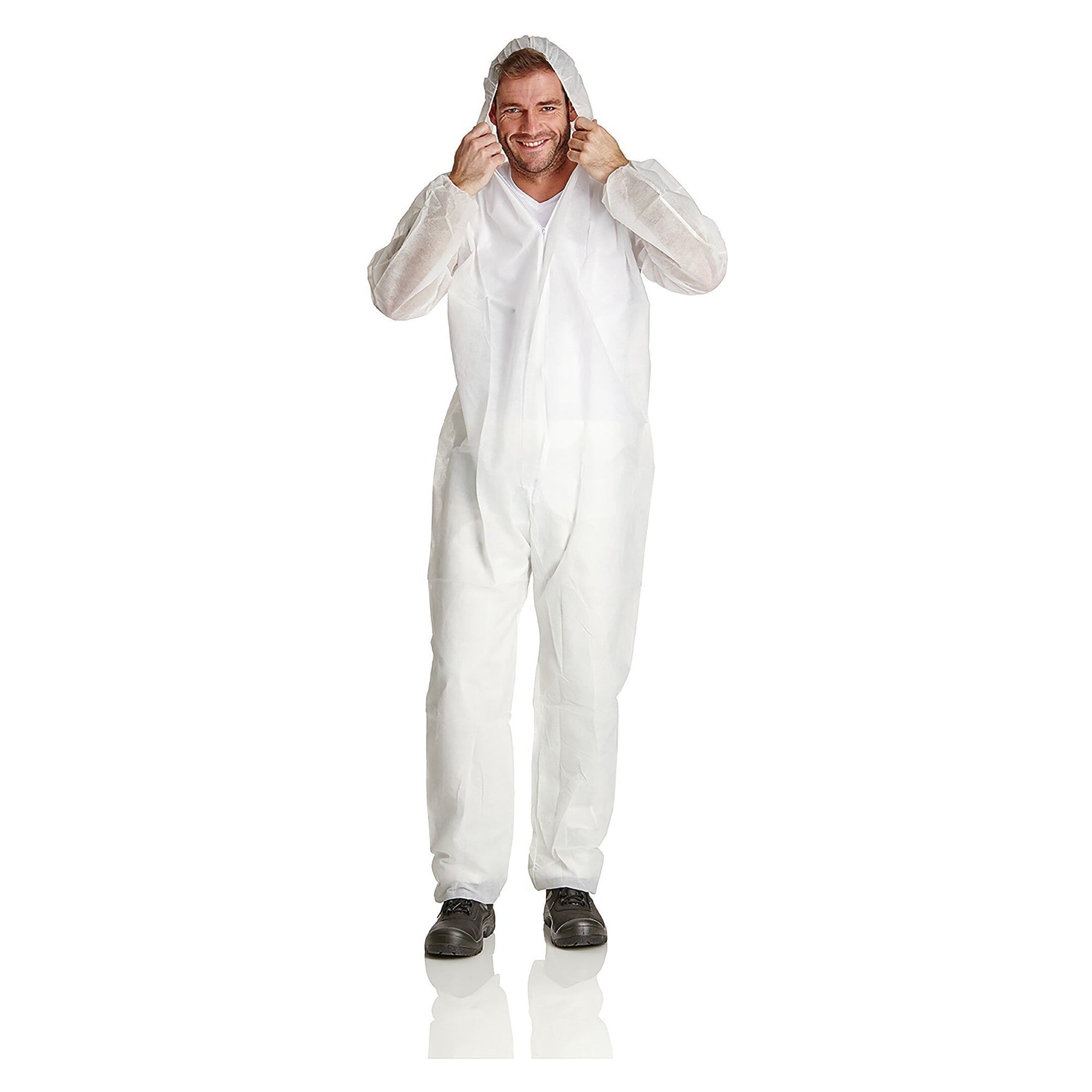 Einweg-Overall aus PP-Vlies 40 g/m² mit Kapuze, atmungsaktiv, weiß - DS Safety Wear PP40