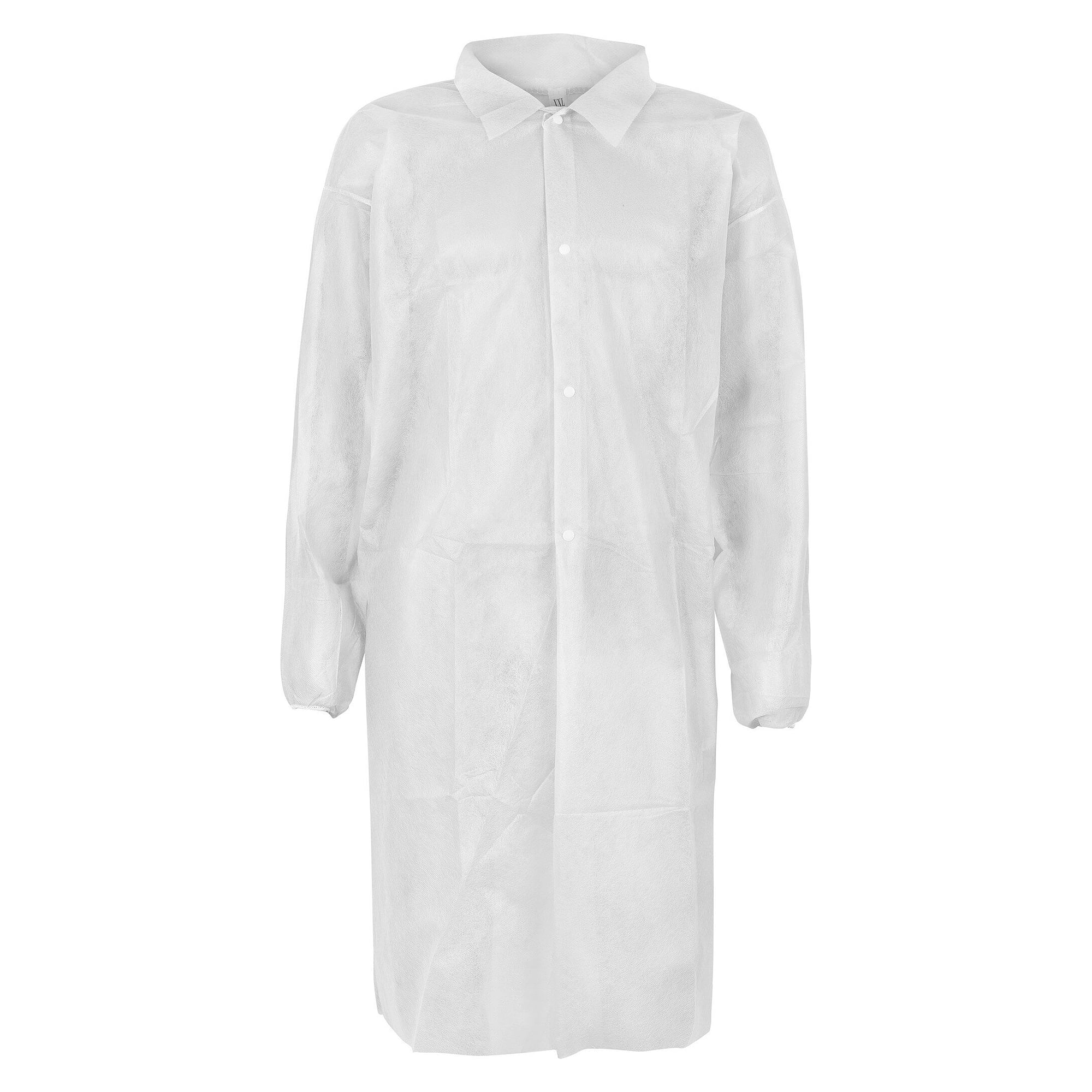 Einweg-Kittel aus PP-Vlies 28 g/m² mit Kragen, 4 Druckknöpfen und Armgummi, weiß - DS Safety Wear PPKIW