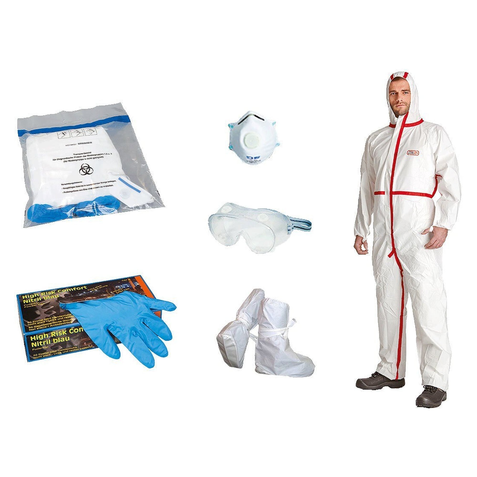 Infektionsschutzset BASIC PLUS für Bioschutzstufe 1 und 2, Overall Typ 4B/5B/6B, FFP3-Maske, Überschuhe - DS Safety Wear SET-BP