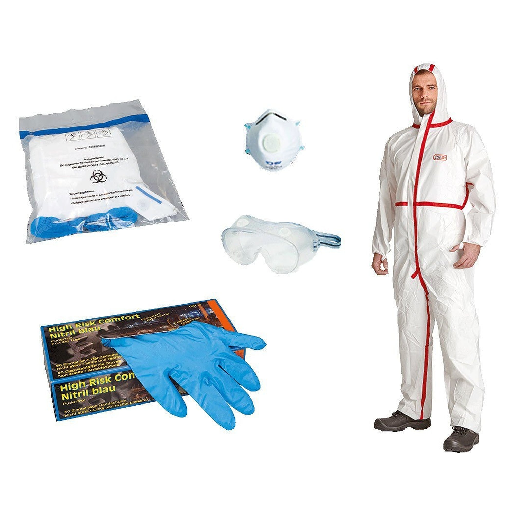 Infection protection set BASIC for bio protection levels 1 and 2, coverall type 4B/5B/6B, FFP3 mask, goggles - DS Safety Wear SET-B