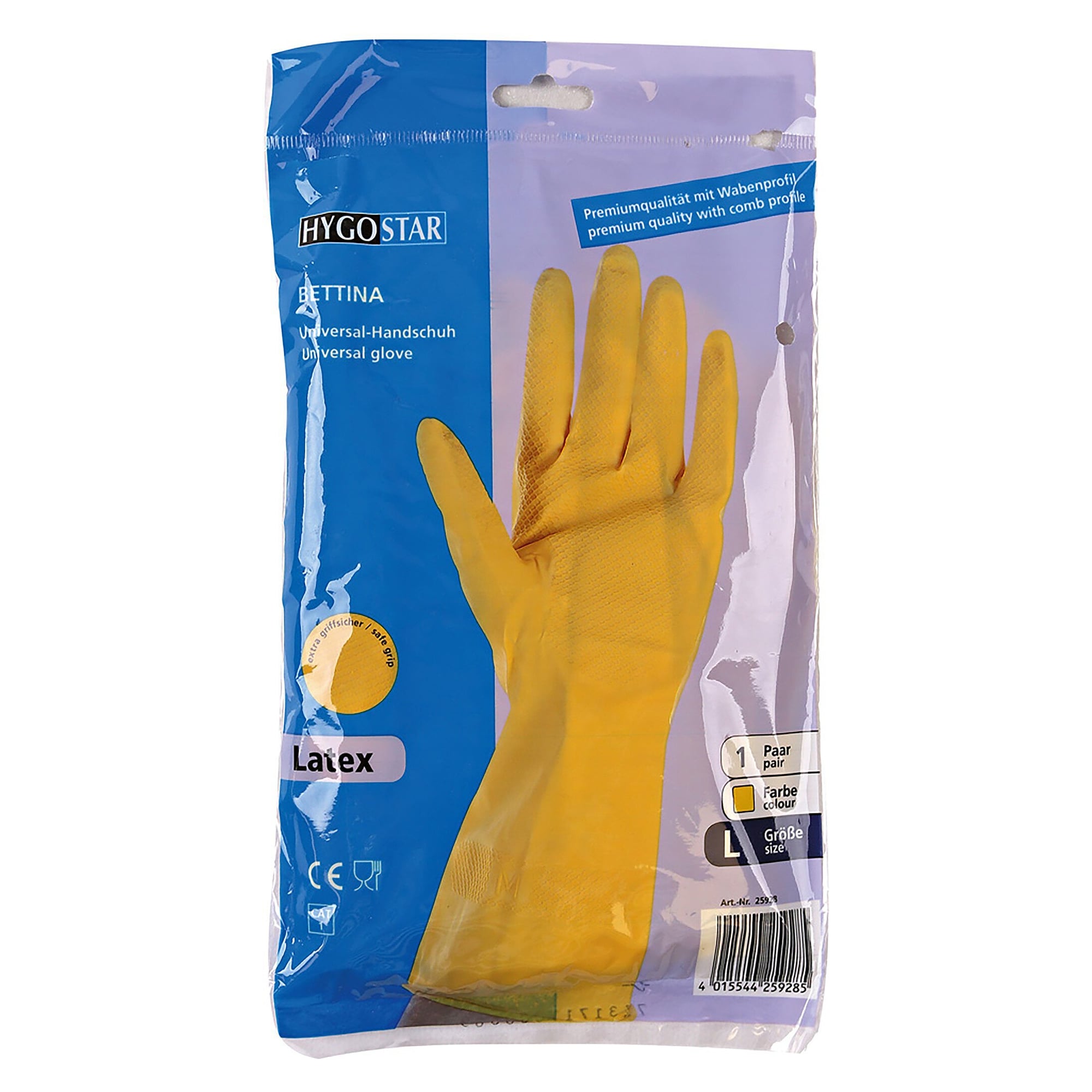 Household and cleaning glove BETTINA, latex, cotton flocked, 30 cm, yellow - Franz Mensch Hygostar-25908