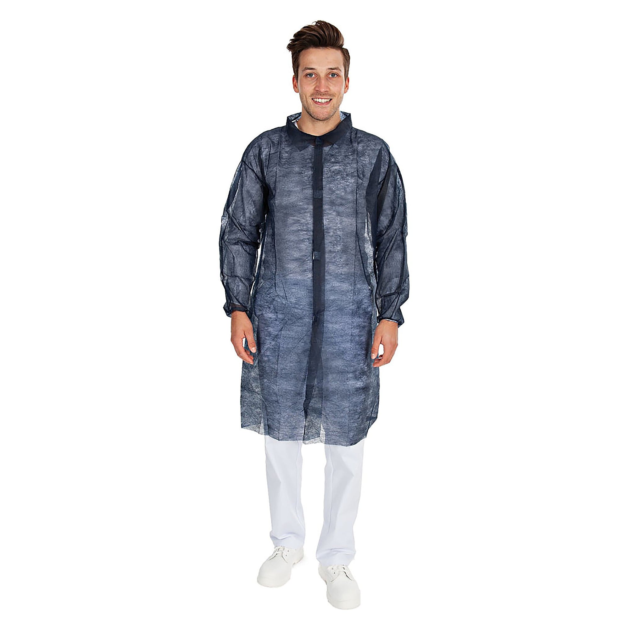 Visitor coat ECO in PP nonwoven 30 g/m², hook and loop fastener, shirt collar, dark blue - Franz Mensch Hygobase-274036