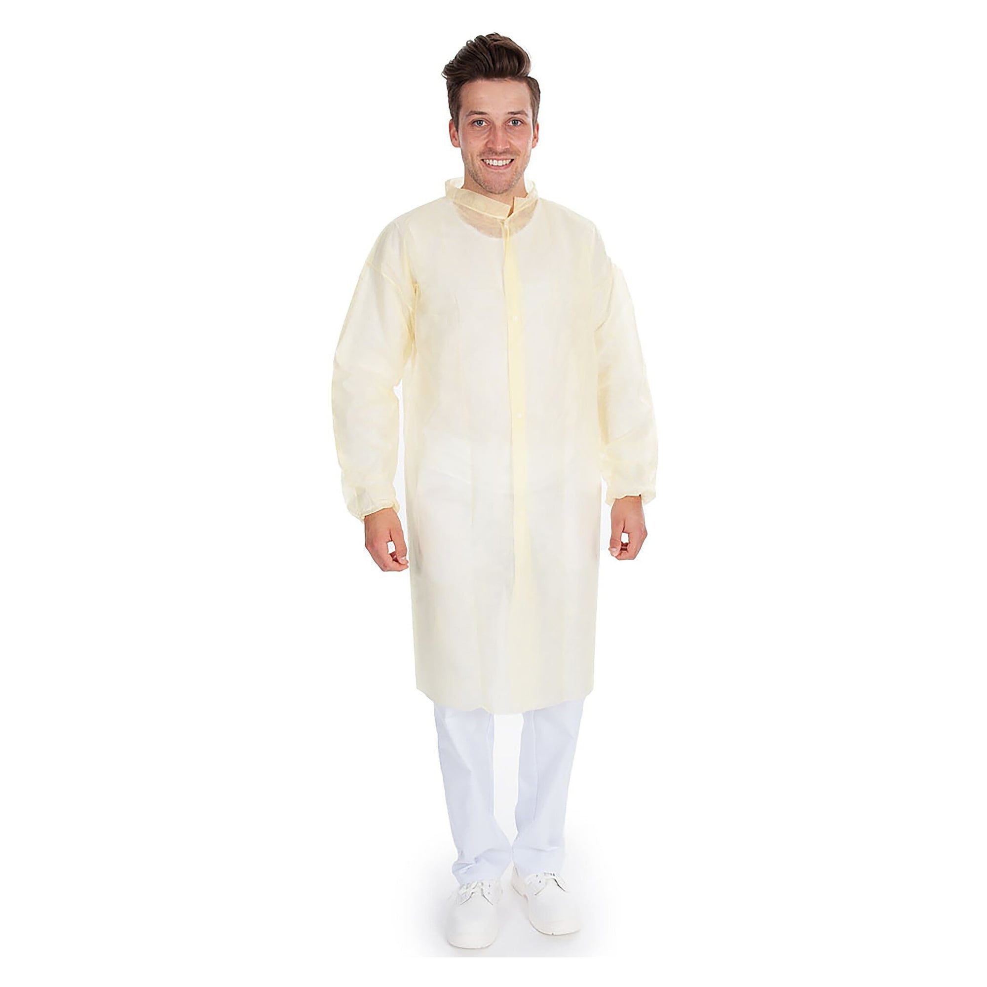 Disposable visitor coat Light, PP nonwoven 30 g/m², hook-and-loop, stand-up collar, yellow - Franz Mensch Hygonorm-274821
